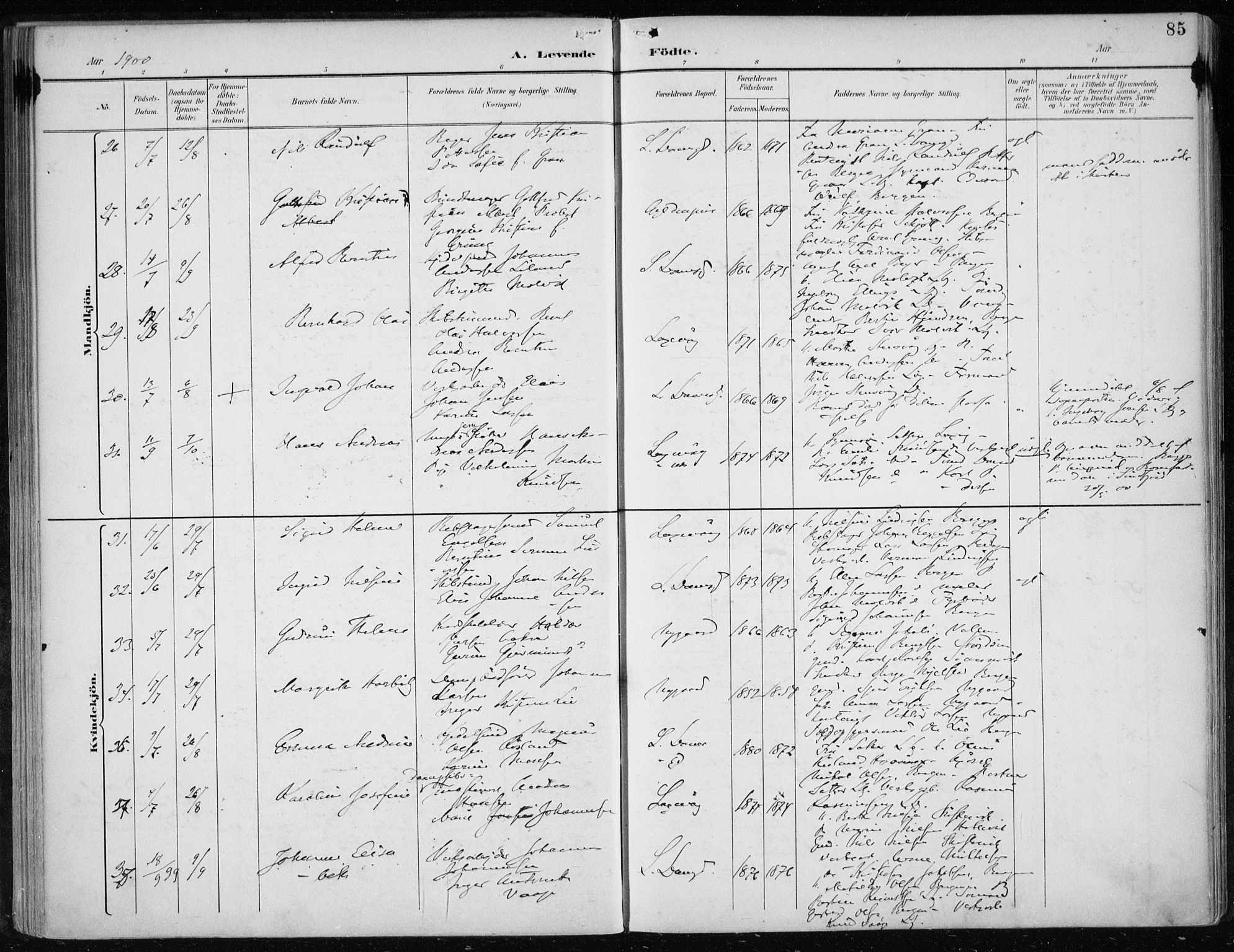 Askøy Sokneprestembete, AV/SAB-A-74101/H/Ha/Haa/Haae/L0003: Parish register (official) no. E 3, 1891-1903, p. 85