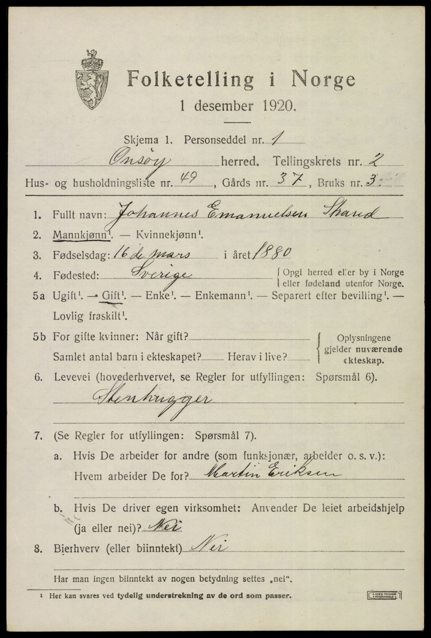 SAO, 1920 census for Onsøy, 1920, p. 4077