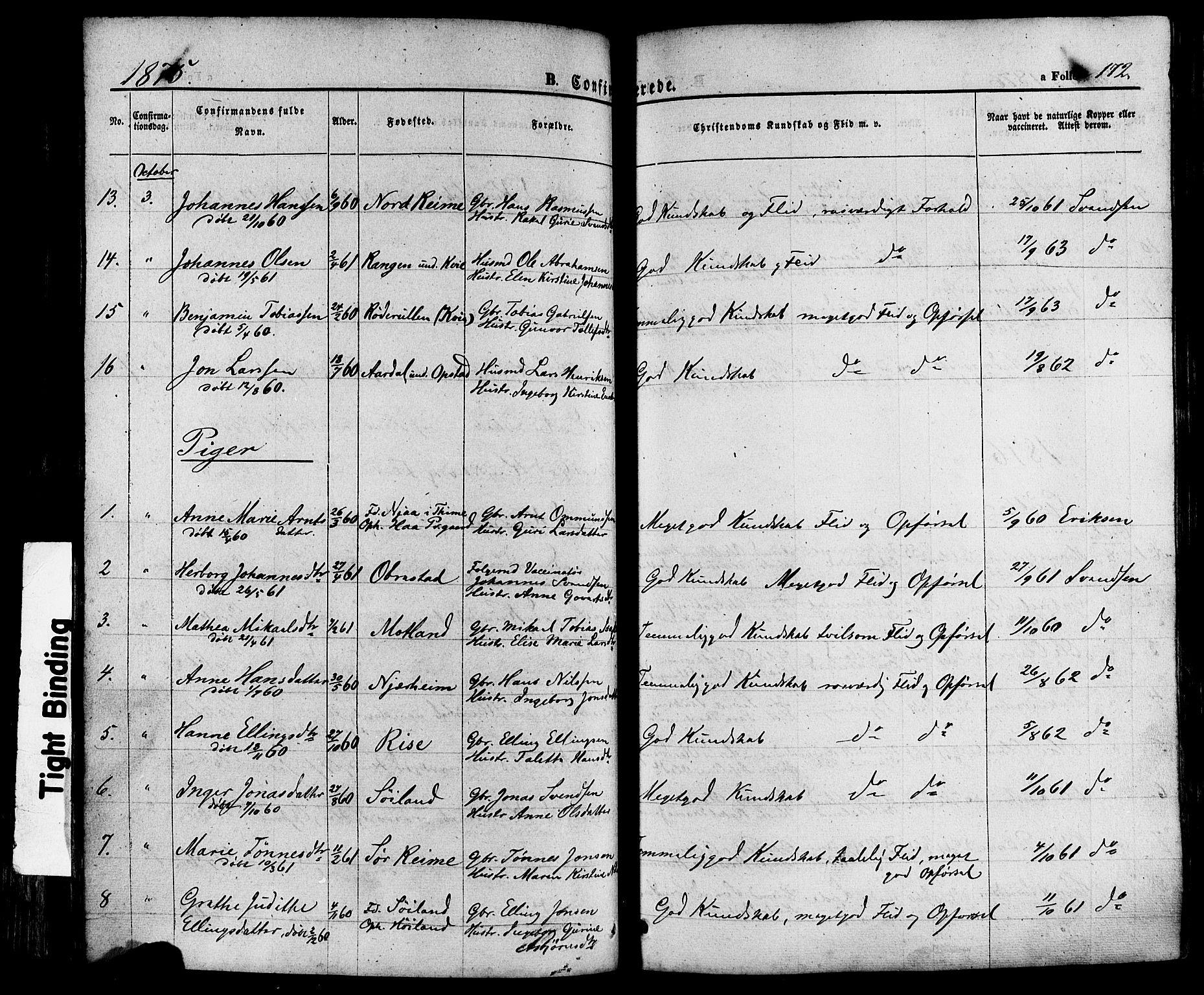 Hå sokneprestkontor, SAST/A-101801/001/30BA/L0008: Parish register (official) no. A 7, 1853-1878, p. 172