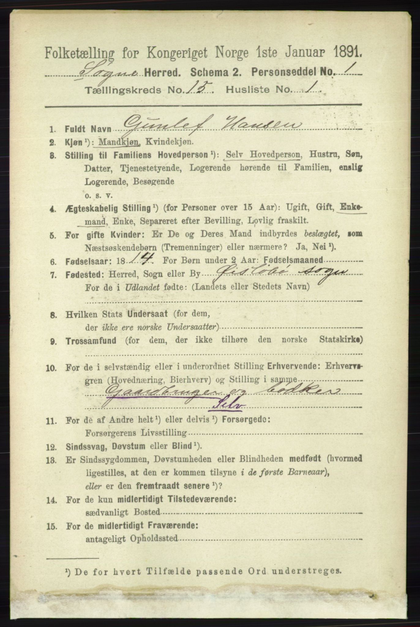 RA, 1891 census for 1018 Søgne, 1891, p. 3900