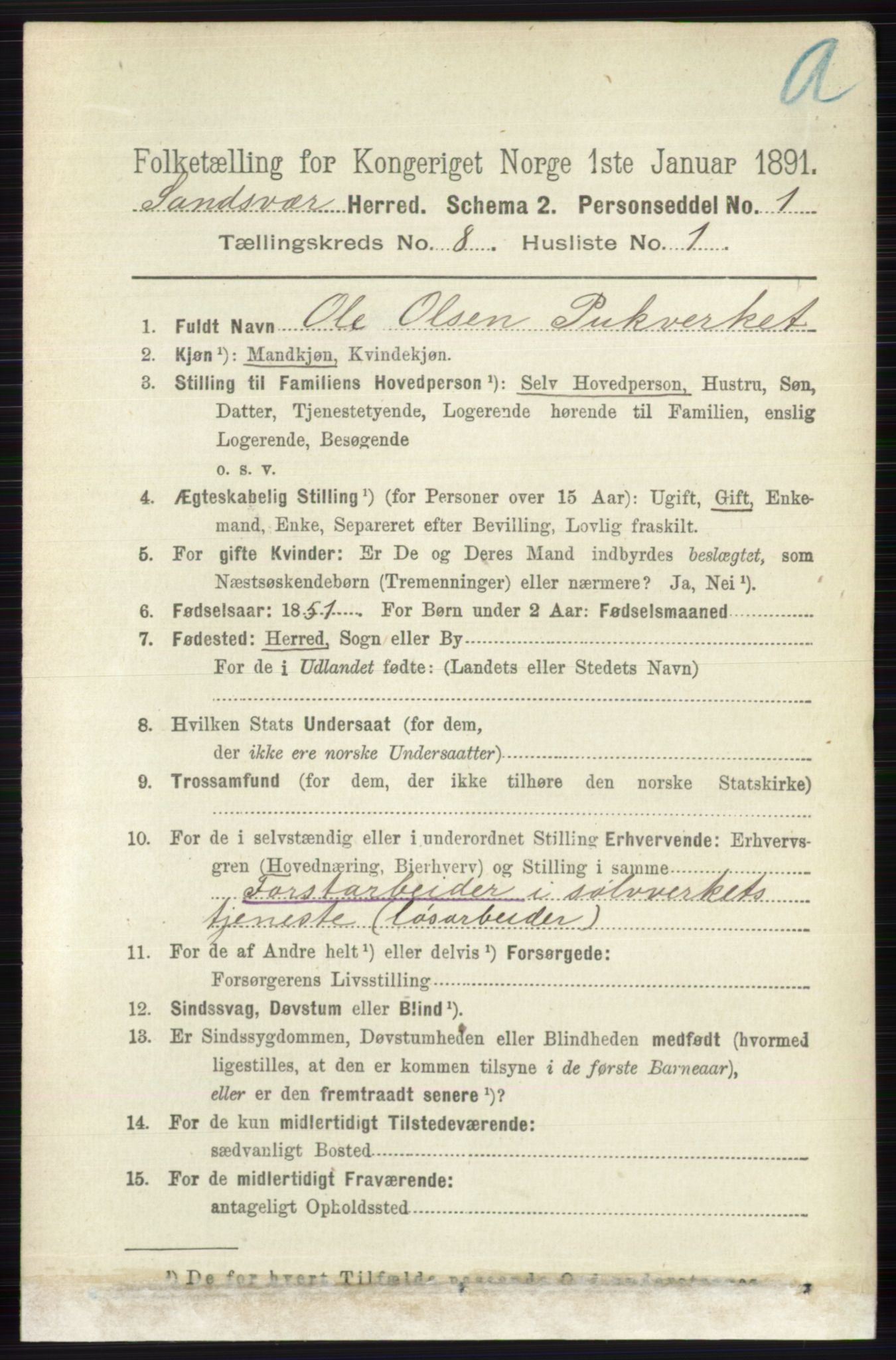 RA, 1891 census for 0629 Sandsvær, 1891, p. 4286