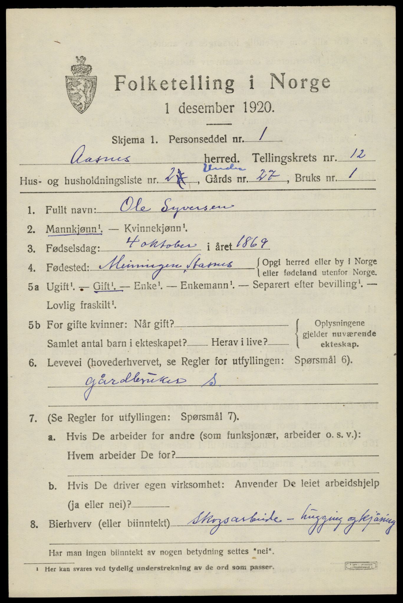 SAH, 1920 census for Åsnes, 1920, p. 12202