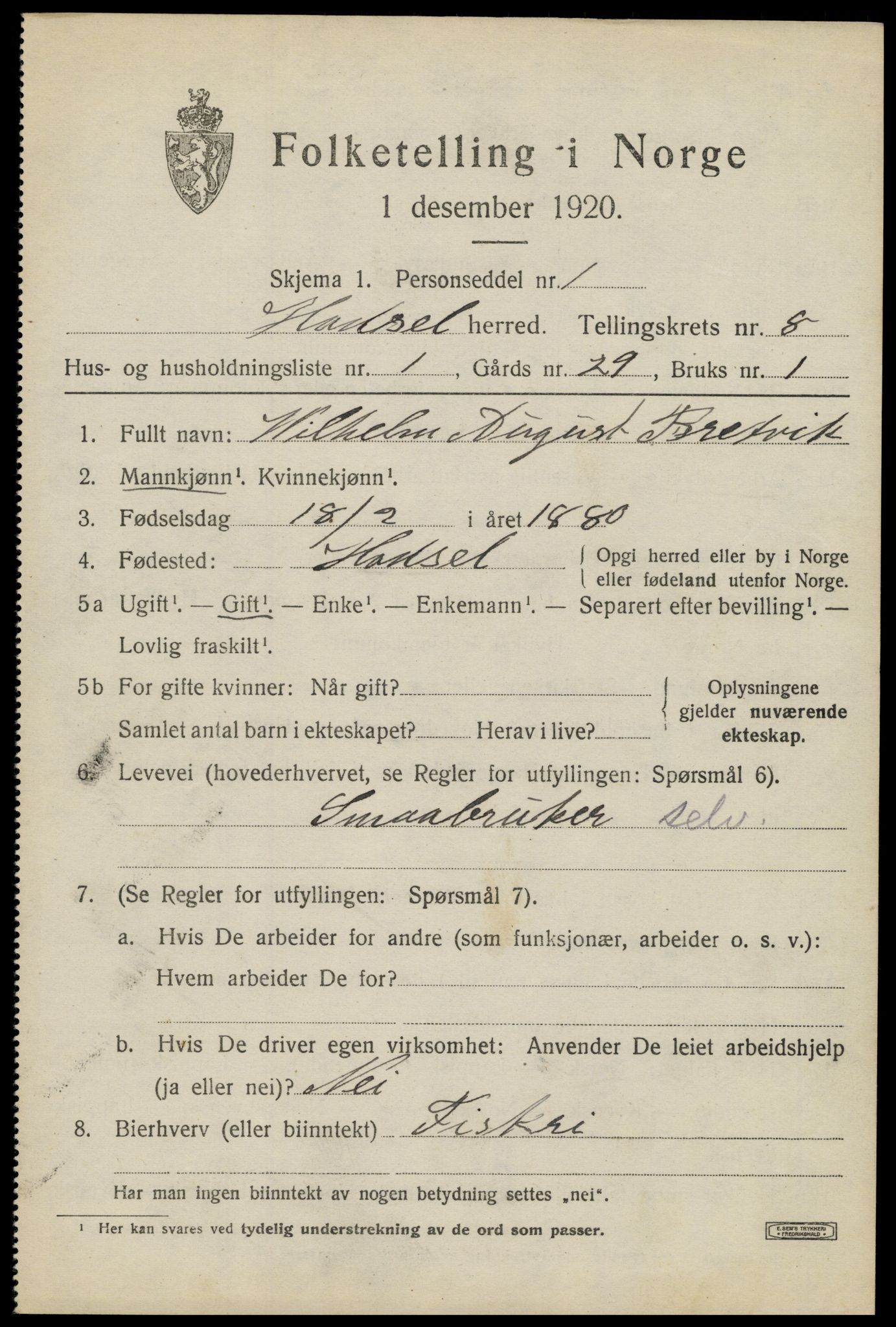 SAT, 1920 census for Hadsel, 1920, p. 7394