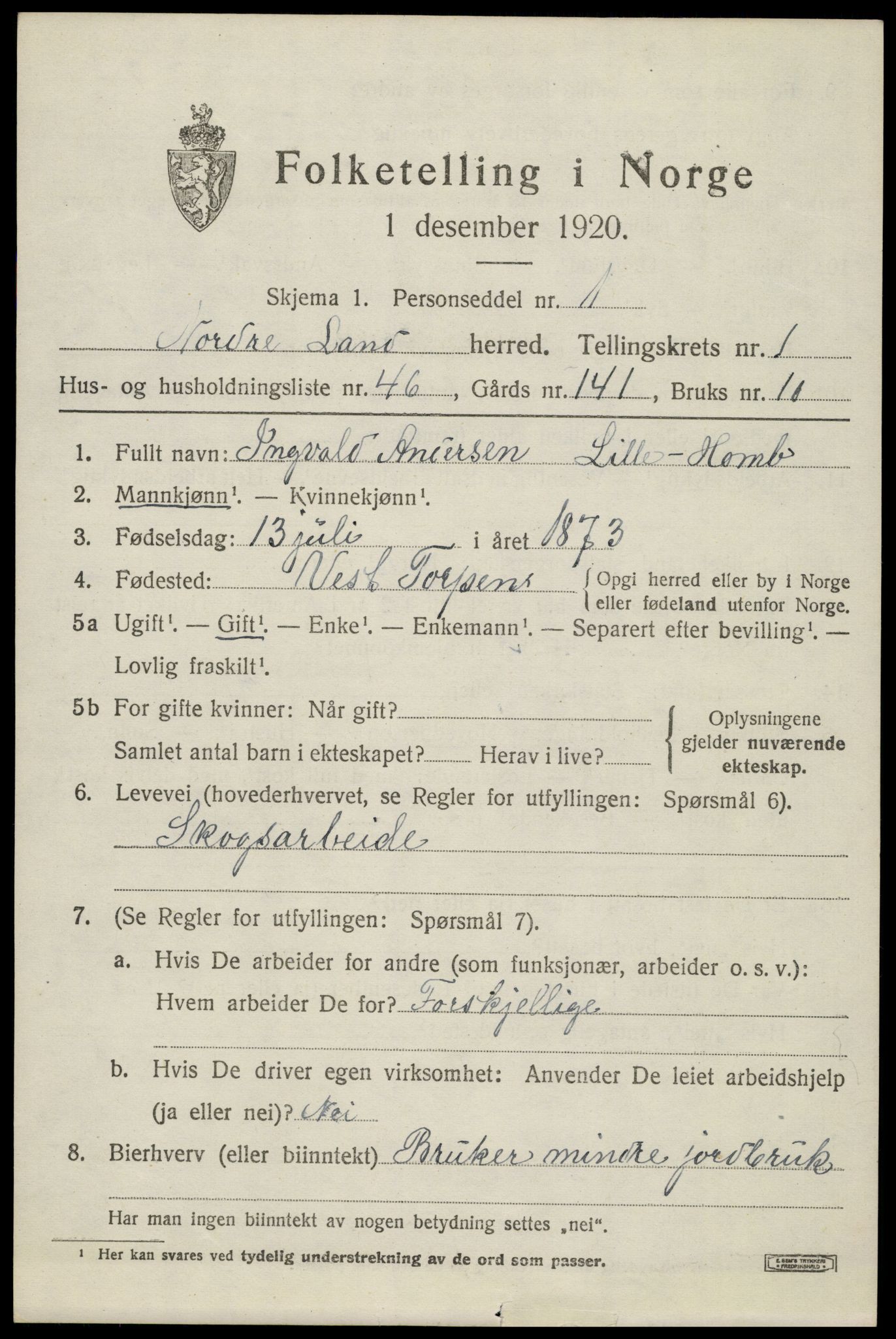 SAH, 1920 census for Nordre Land, 1920, p. 1638