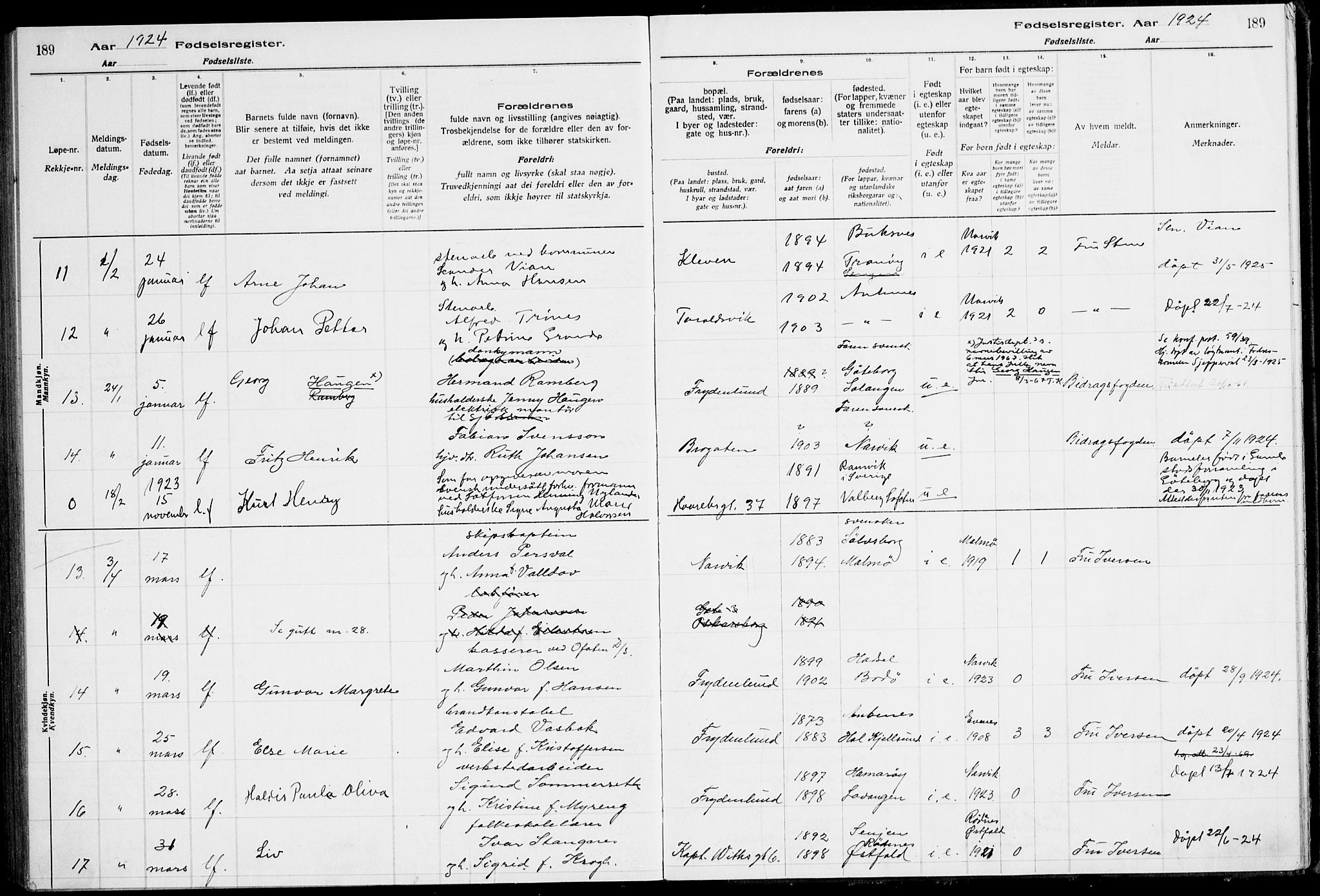 Ministerialprotokoller, klokkerbøker og fødselsregistre - Nordland, AV/SAT-A-1459/871/L1013: Birth register no. 871.II.4.1, 1916-1924, p. 189