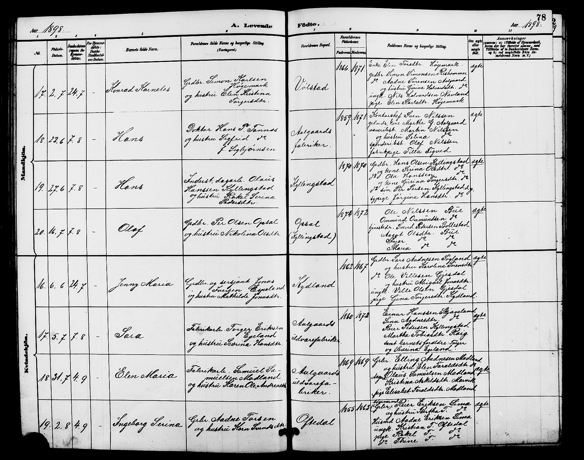 Lye sokneprestkontor, AV/SAST-A-101794/001/30BB/L0008: Parish register (copy) no. B 7, 1887-1901, p. 78