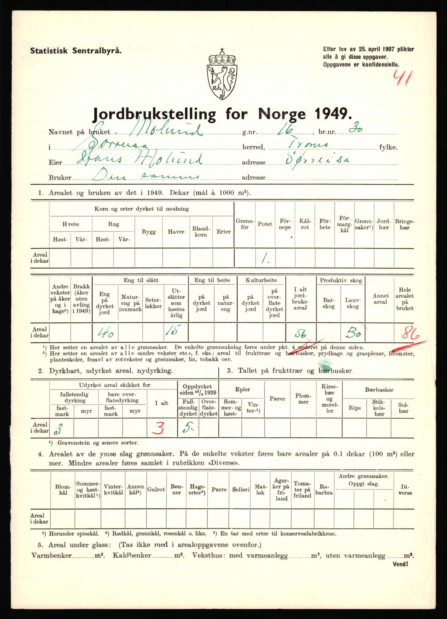 Statistisk sentralbyrå, Næringsøkonomiske emner, Jordbruk, skogbruk, jakt, fiske og fangst, AV/RA-S-2234/G/Gc/L0440: Troms: Sørreisa og Dyrøy, 1949, p. 652