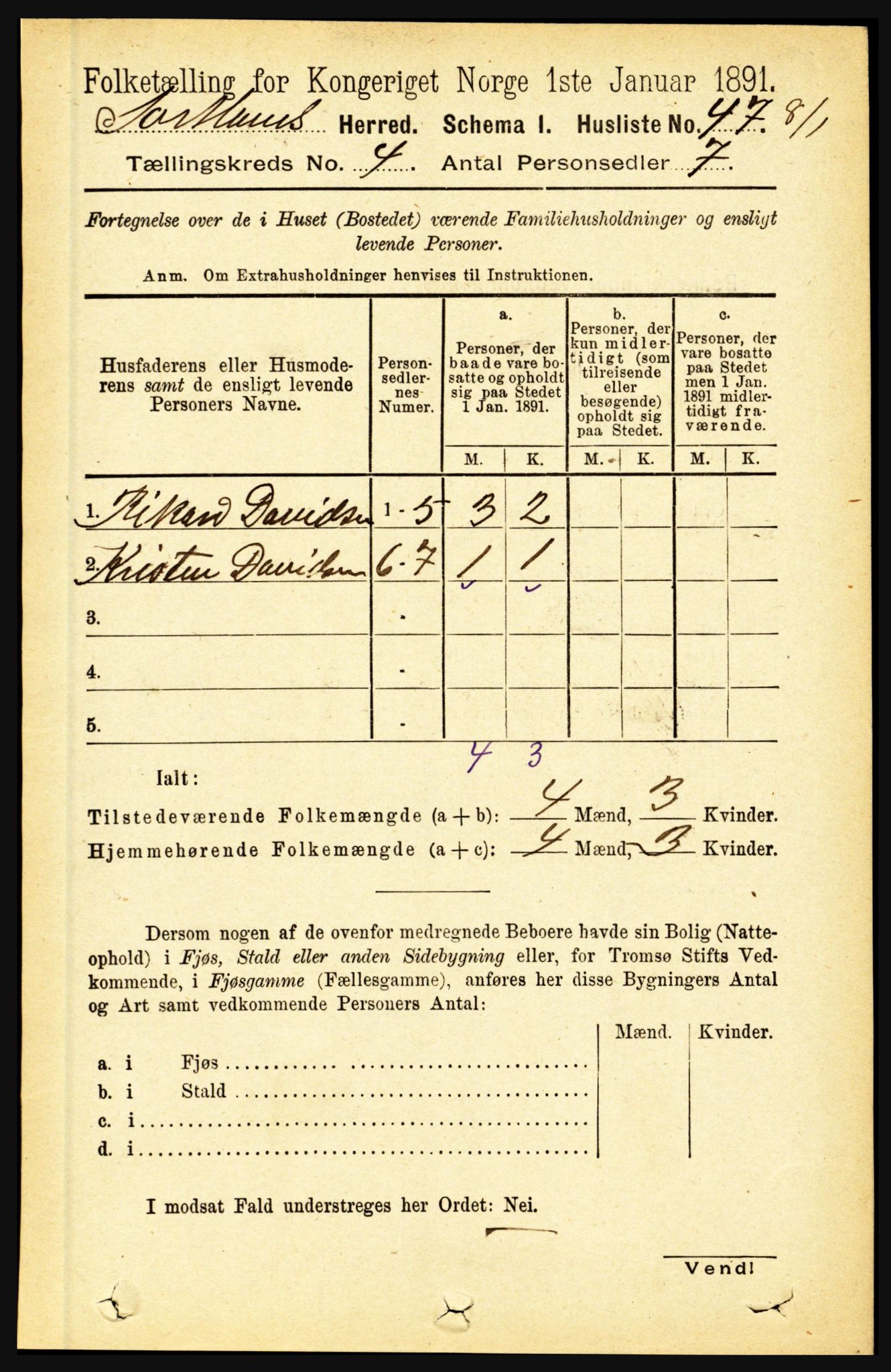 RA, 1891 census for 1870 Sortland, 1891, p. 2708