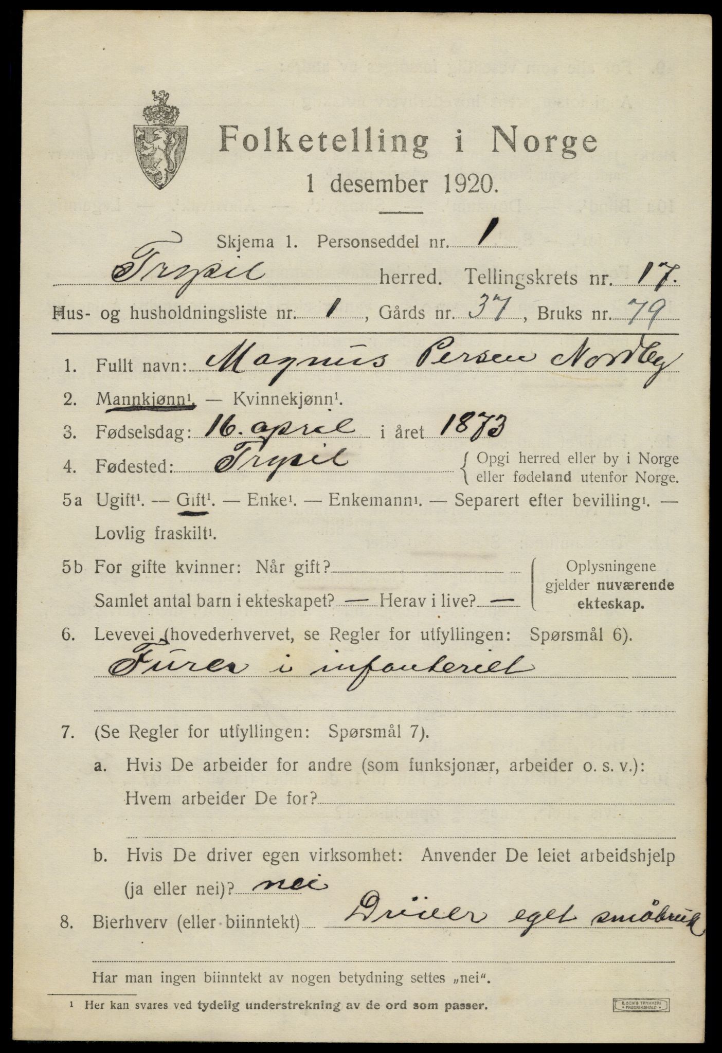 SAH, 1920 census for Trysil, 1920, p. 10179