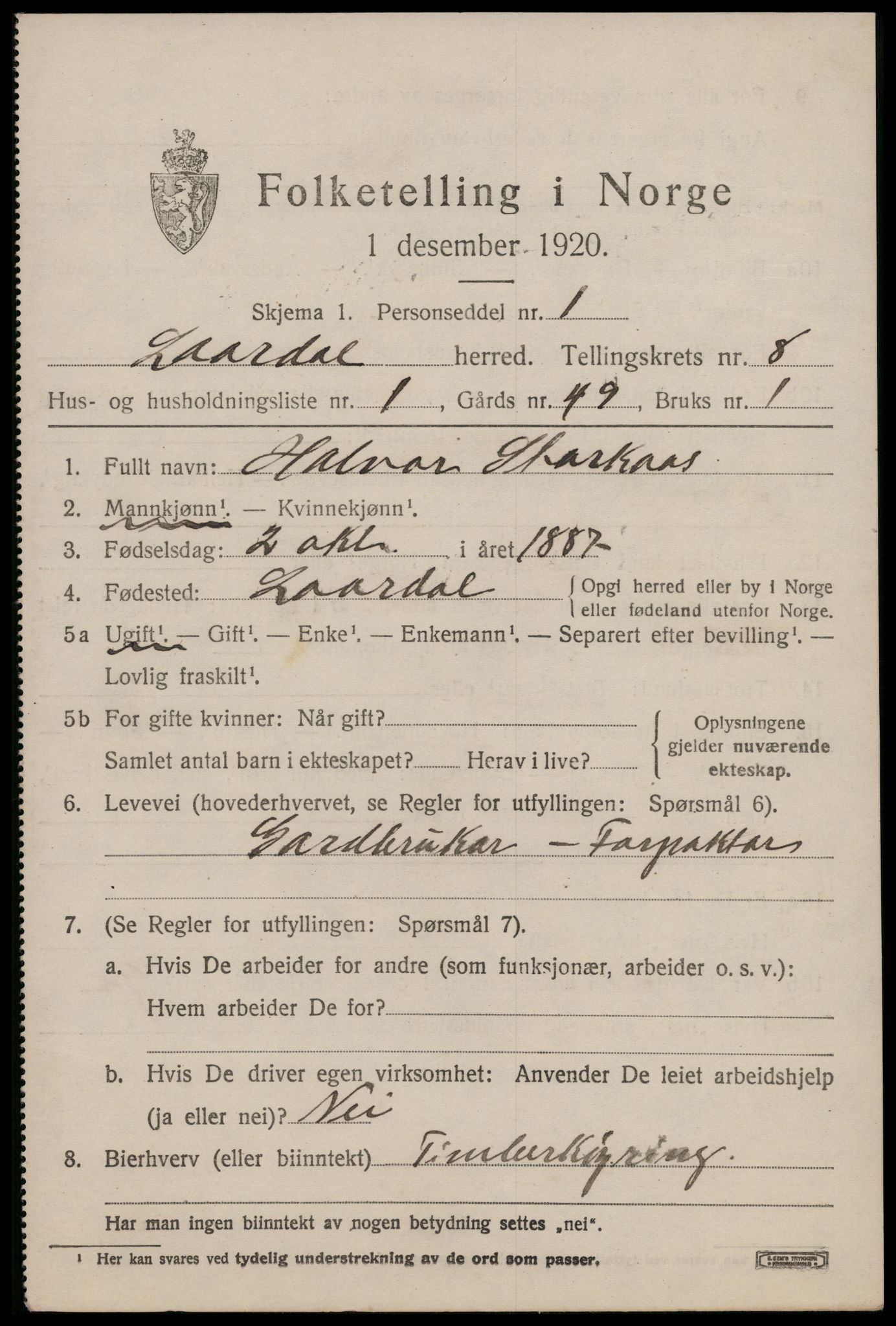 SAKO, 1920 census for Lårdal, 1920, p. 2905