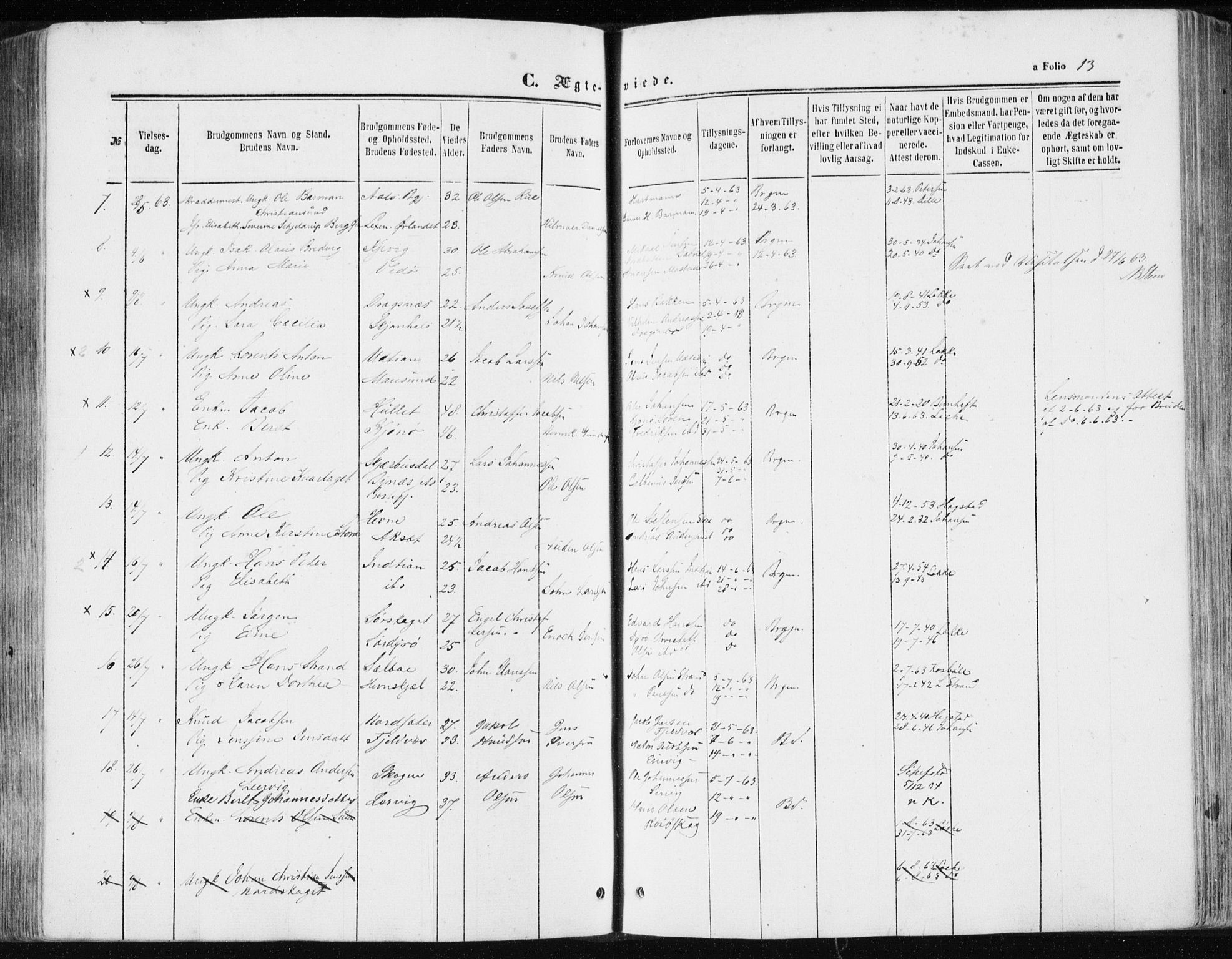 Ministerialprotokoller, klokkerbøker og fødselsregistre - Sør-Trøndelag, AV/SAT-A-1456/634/L0531: Parish register (official) no. 634A07, 1861-1870, p. 13