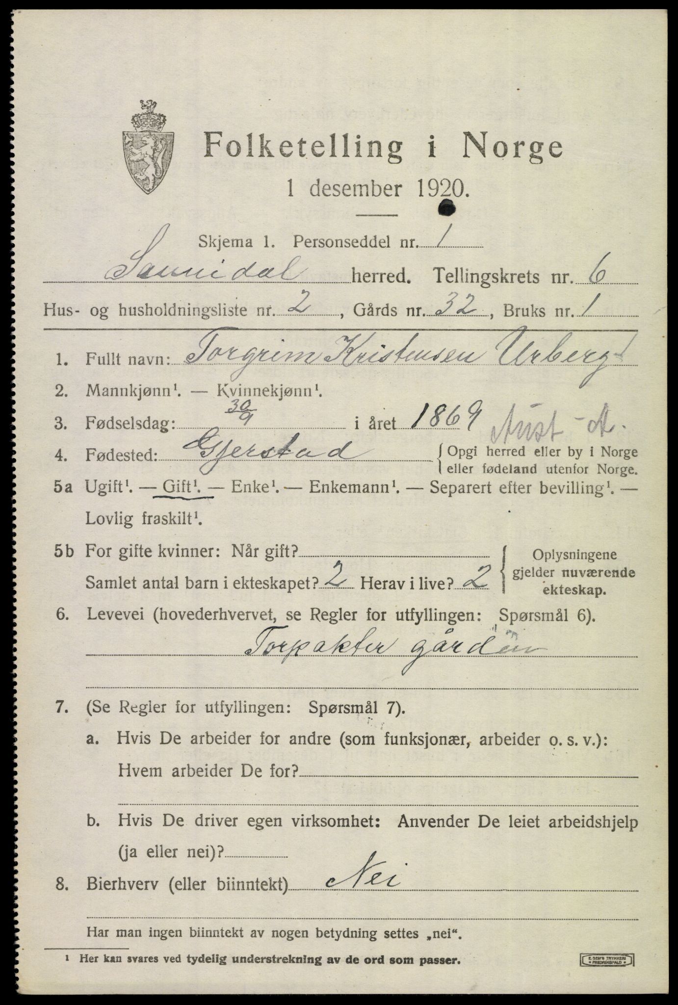 SAKO, 1920 census for Sannidal, 1920, p. 4689