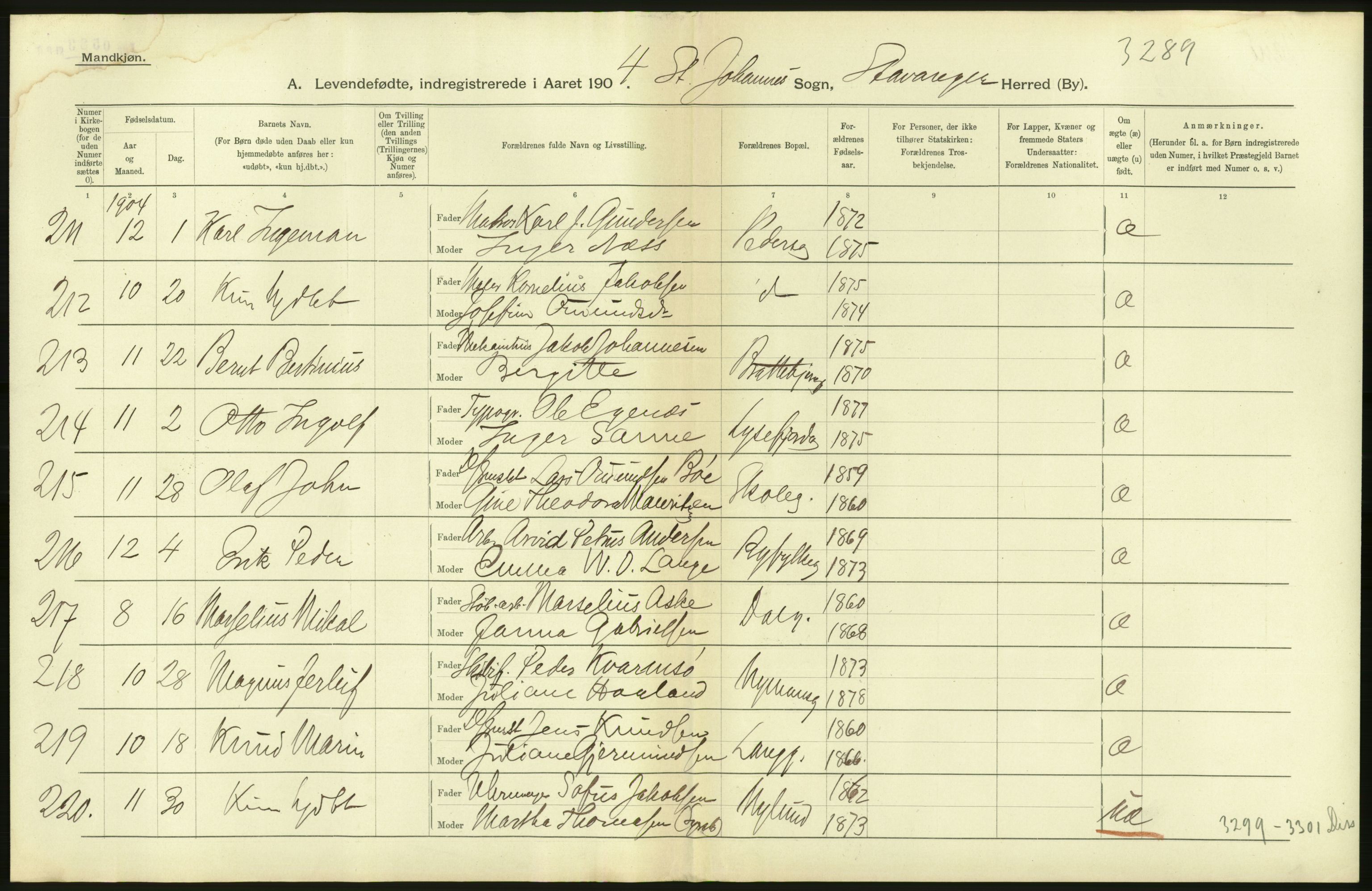 Statistisk sentralbyrå, Sosiodemografiske emner, Befolkning, AV/RA-S-2228/D/Df/Dfa/Dfab/L0012: Stavanger amt: Fødte, gifte, døde, 1904, p. 46