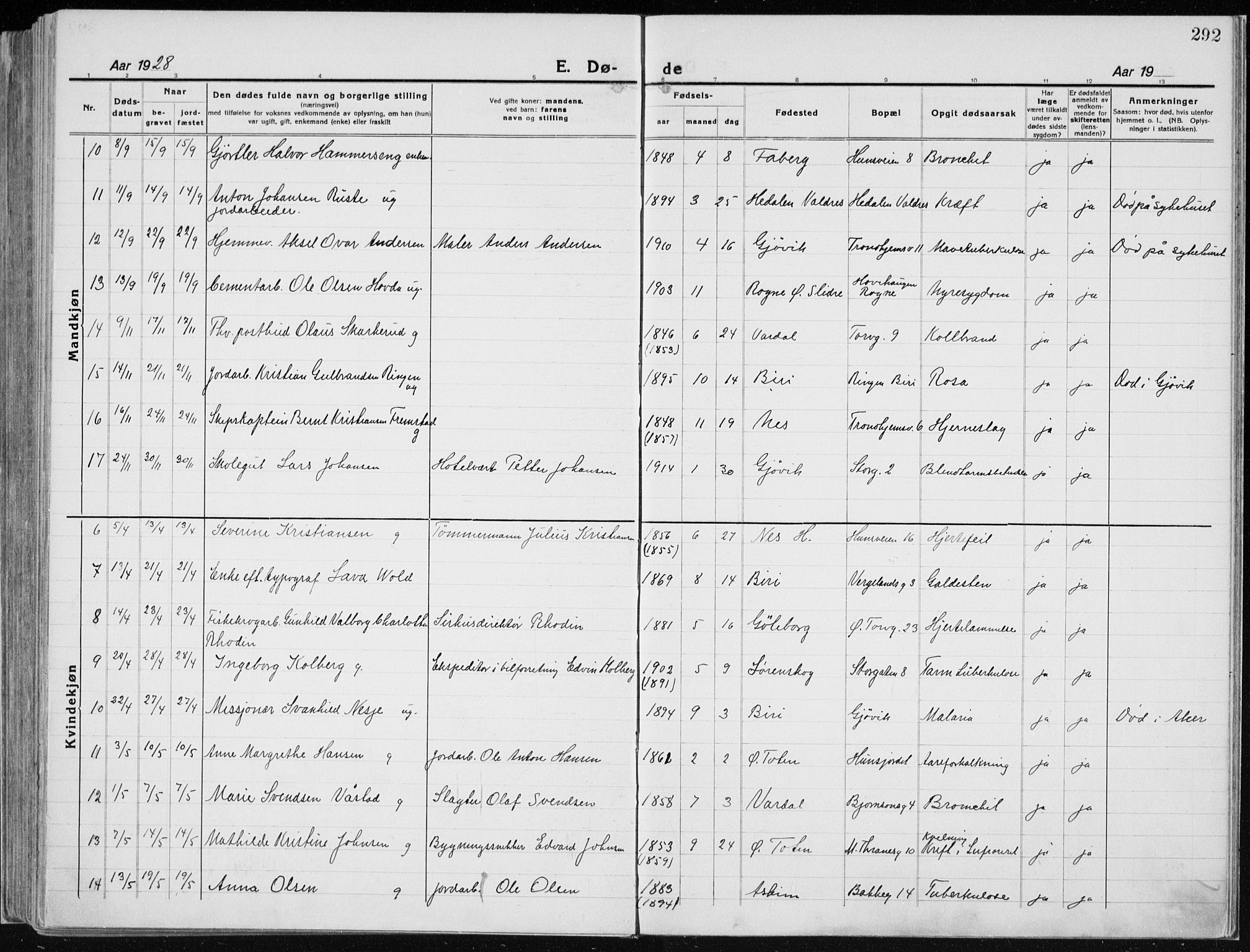 Vardal prestekontor, SAH/PREST-100/H/Ha/Haa/L0015: Parish register (official) no. 15, 1923-1937, p. 292