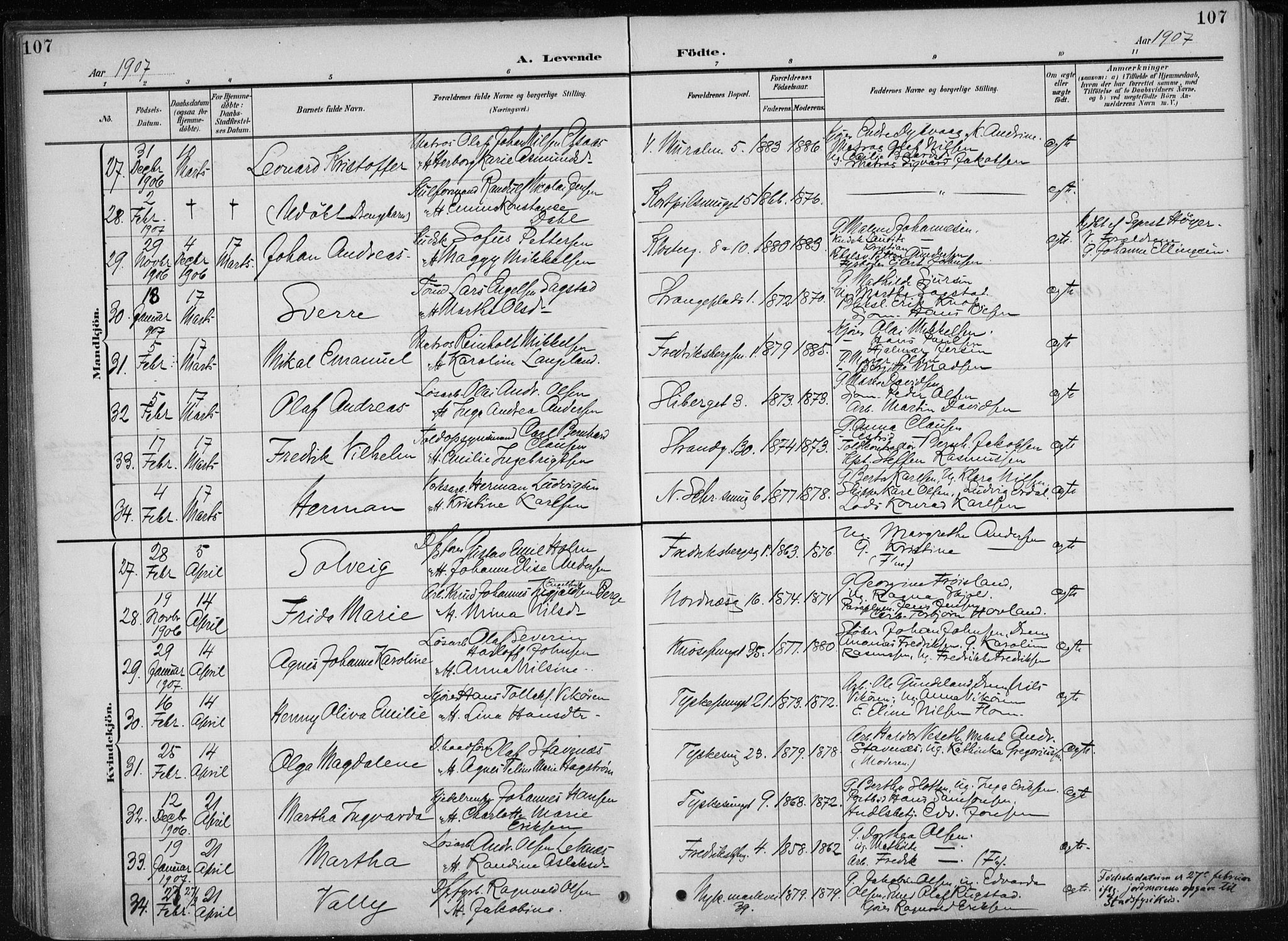 Nykirken Sokneprestembete, AV/SAB-A-77101/H/Haa/L0019: Parish register (official) no. B 7, 1904-1916, p. 107