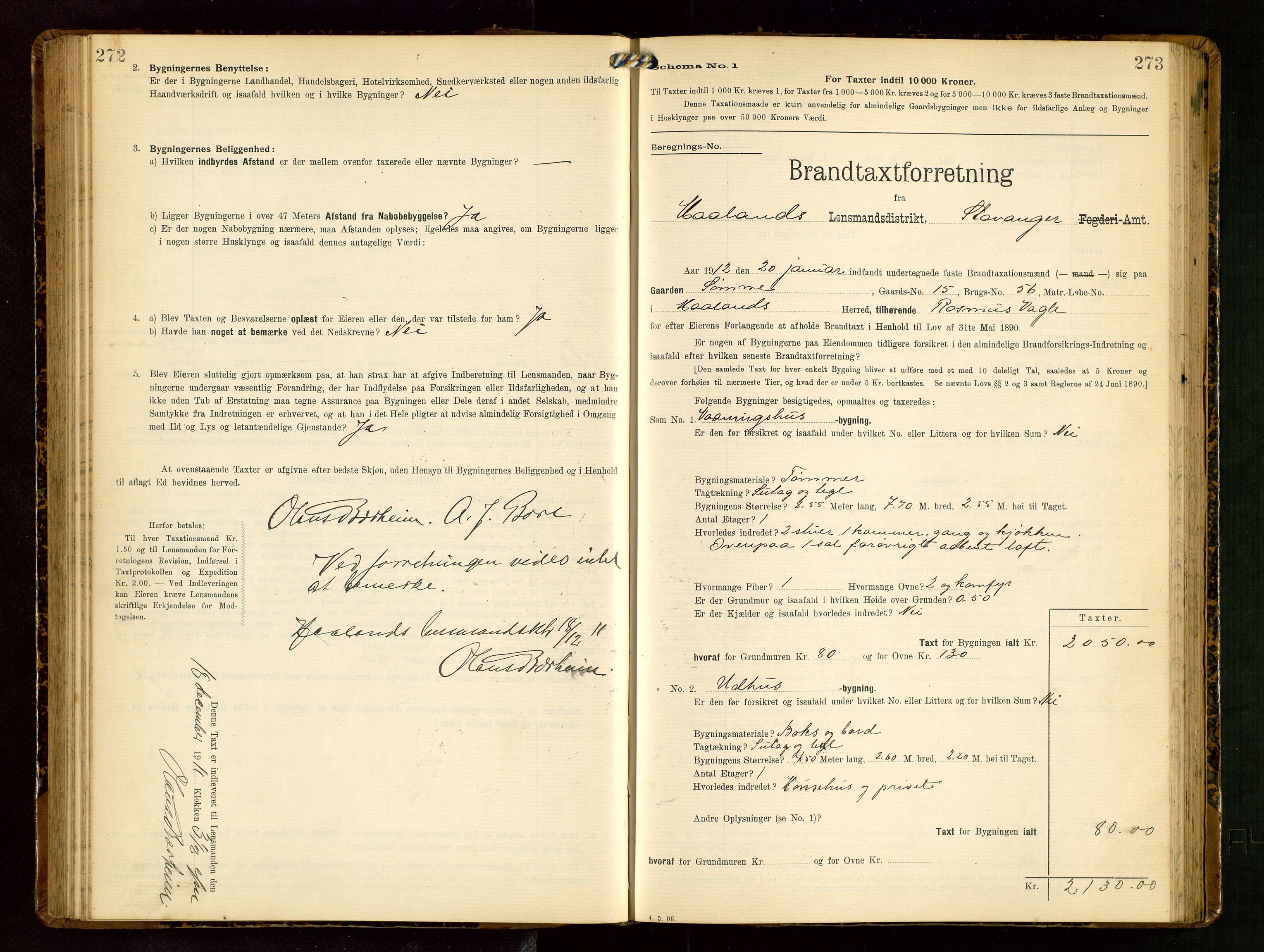 Håland lensmannskontor, SAST/A-100100/Gob/L0003: Branntakstprotokoll - skjematakst. Register i boken., 1909-1910, p. 272-273