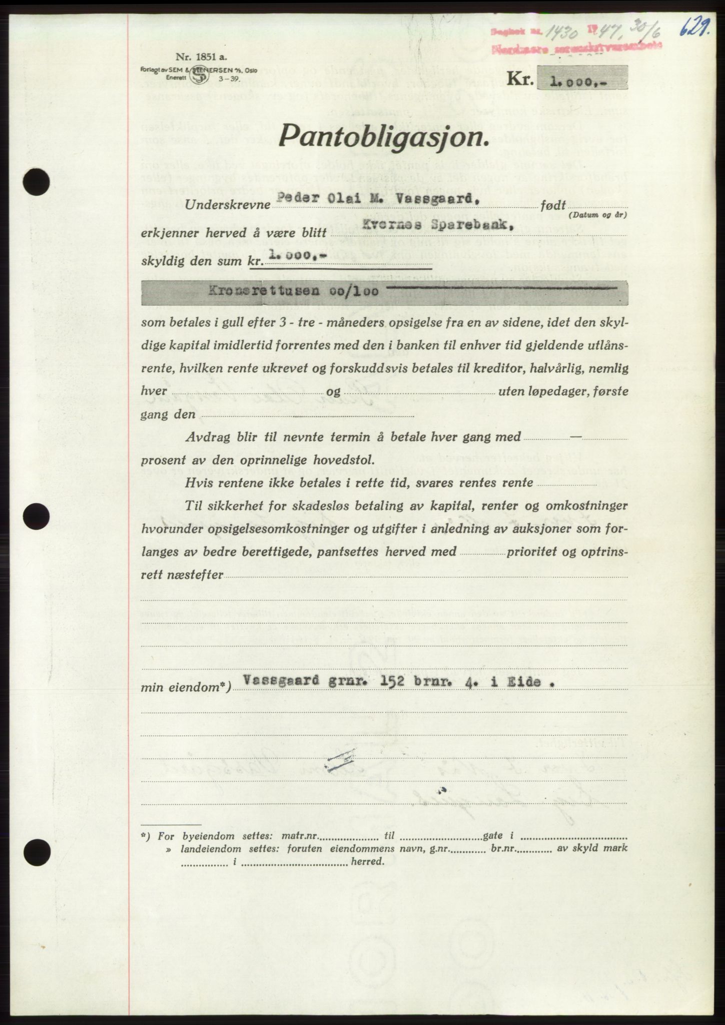 Nordmøre sorenskriveri, AV/SAT-A-4132/1/2/2Ca: Mortgage book no. B96, 1947-1947, Diary no: : 1430/1947