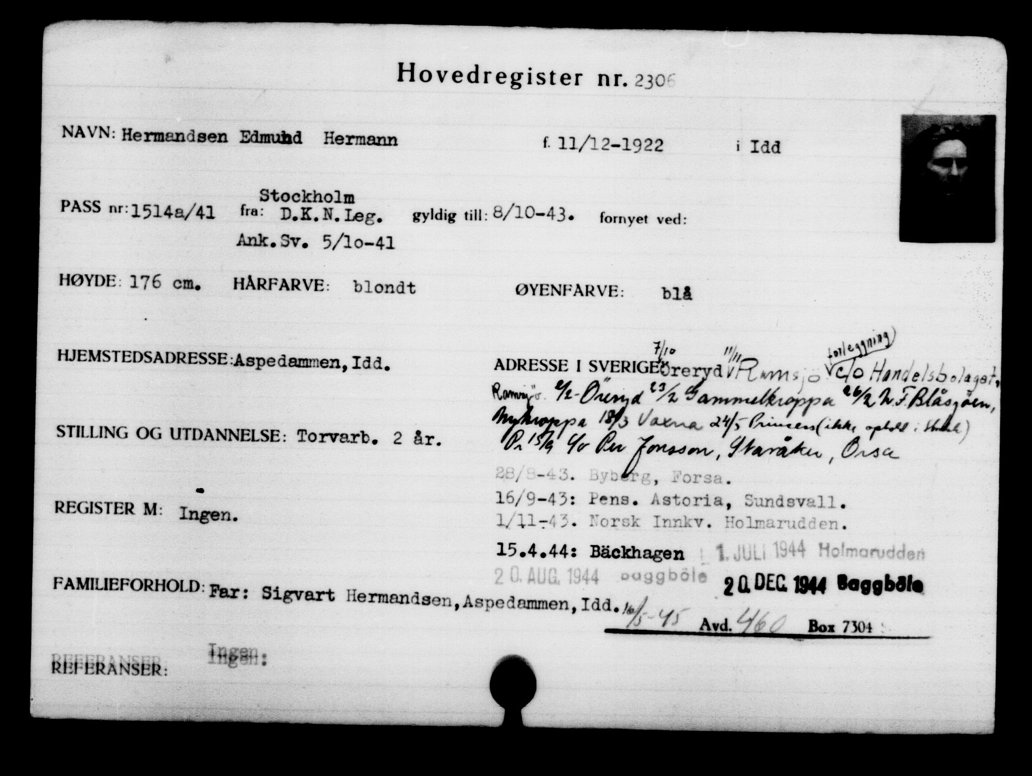 Utenriksstasjonene, Legasjonen i Stockholm, Flyktningkontoret, AV/RA-S-6753/V/Va/L0003: Kjesäterkartoteket, flyktninger med registreringsnr. 2001-3495, 1940-1945, p. 433