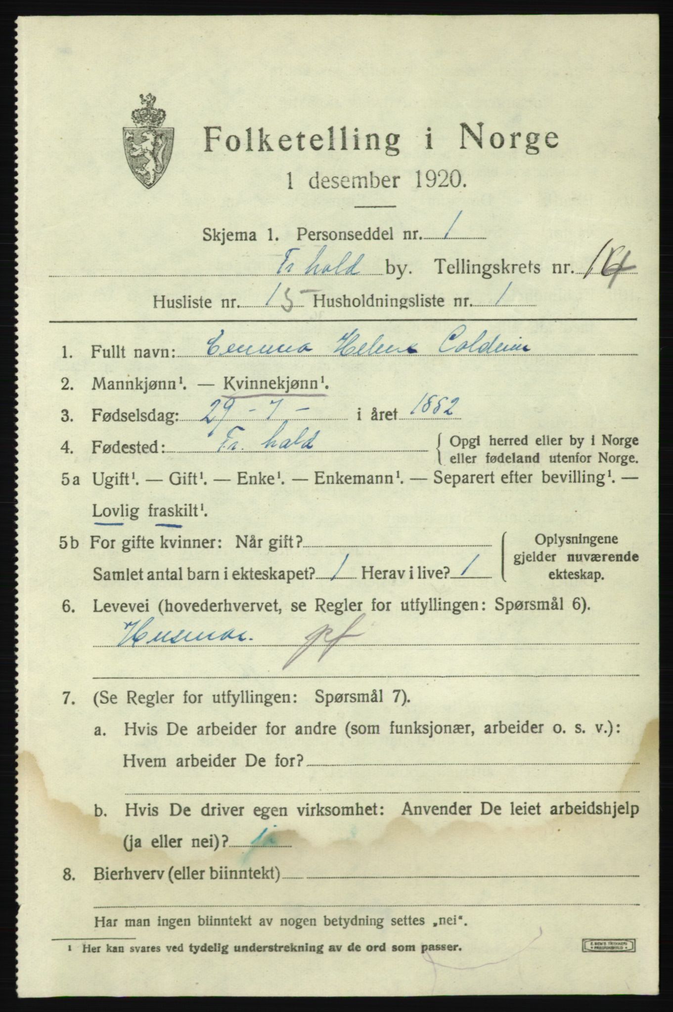 SAO, 1920 census for Fredrikshald, 1920, p. 22601