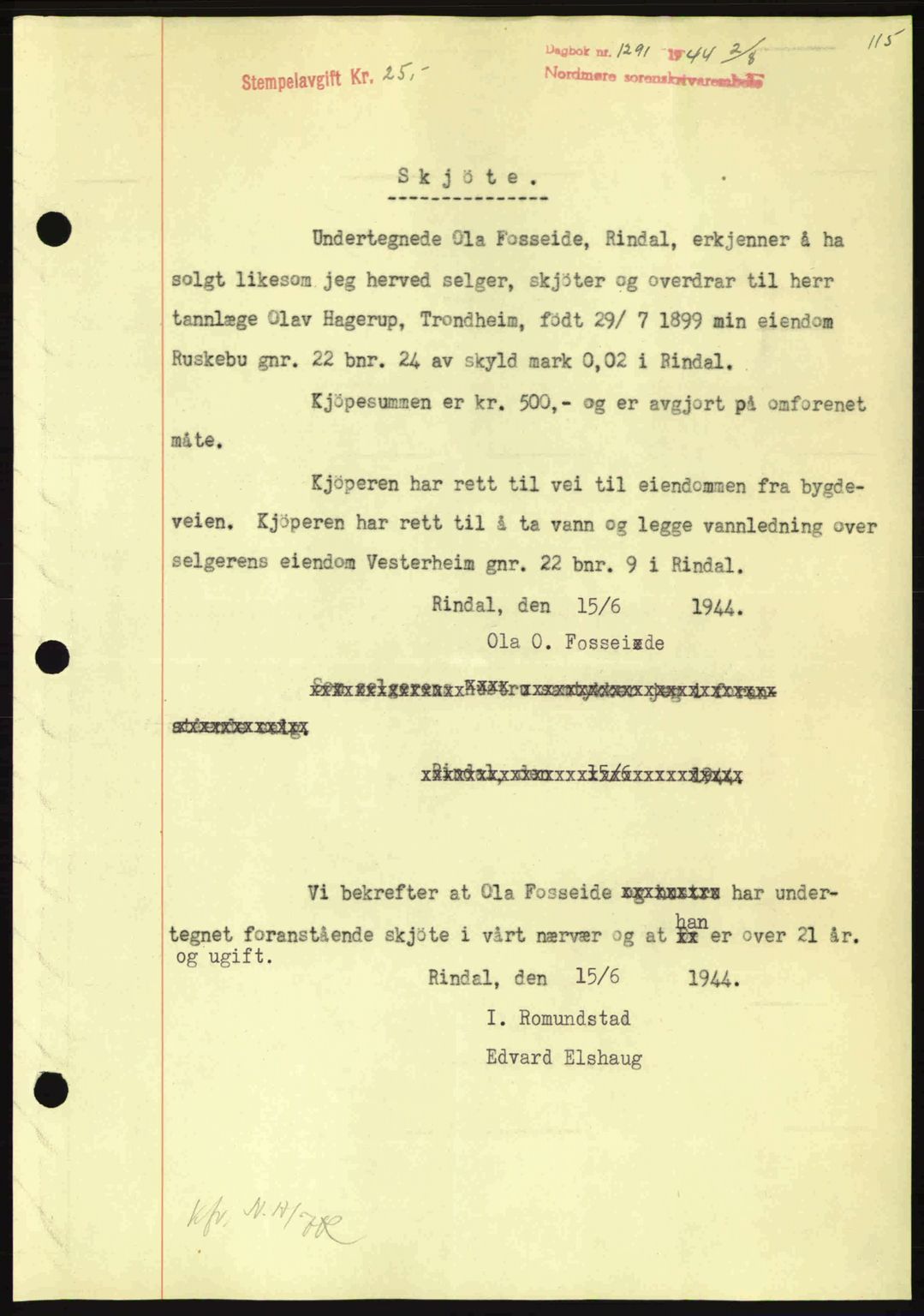 Nordmøre sorenskriveri, AV/SAT-A-4132/1/2/2Ca: Mortgage book no. A98, 1944-1944, Diary no: : 1291/1944