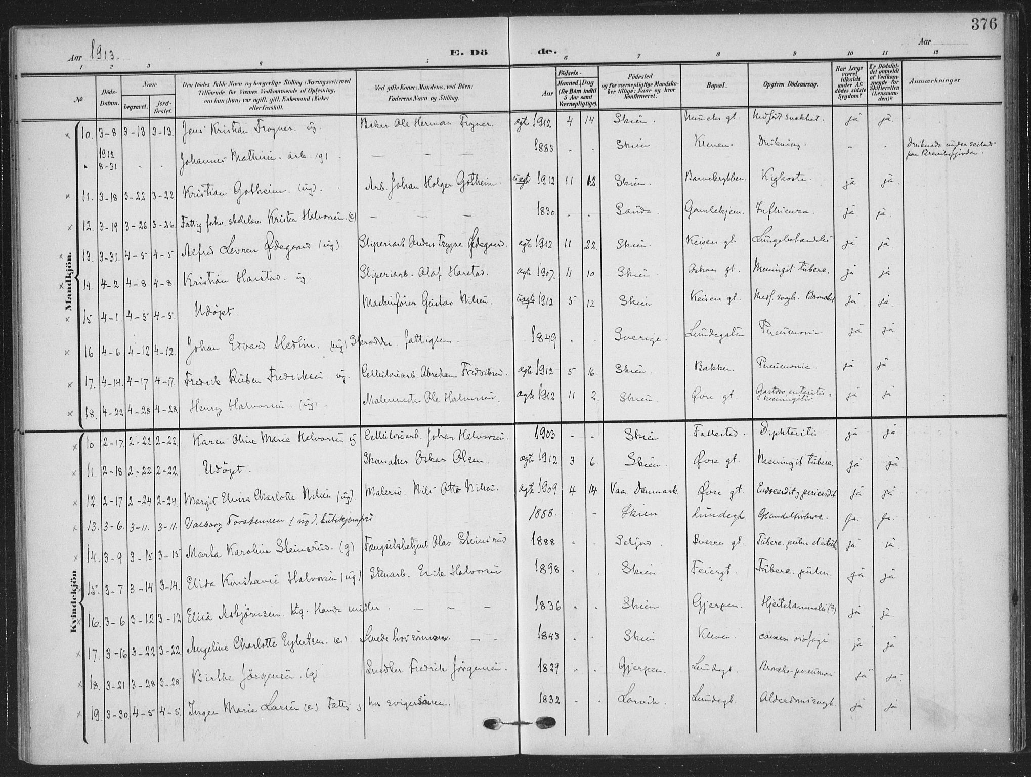 Skien kirkebøker, AV/SAKO-A-302/F/Fa/L0012: Parish register (official) no. 12, 1908-1914, p. 376