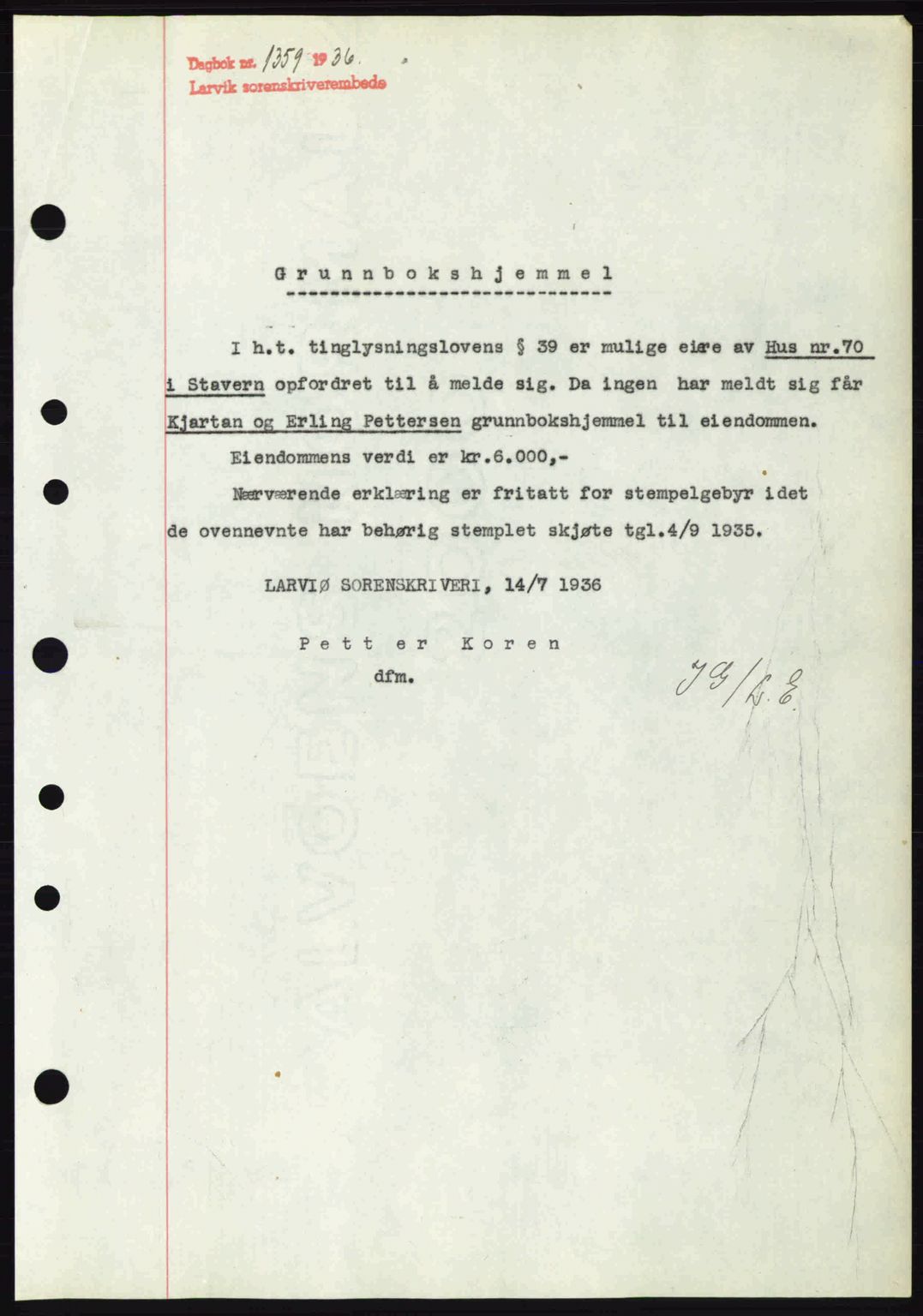 Larvik sorenskriveri, SAKO/A-83/G/Ga/Gab/L0067: Mortgage book no. A-1, 1936-1937, Diary no: : 1359/1936