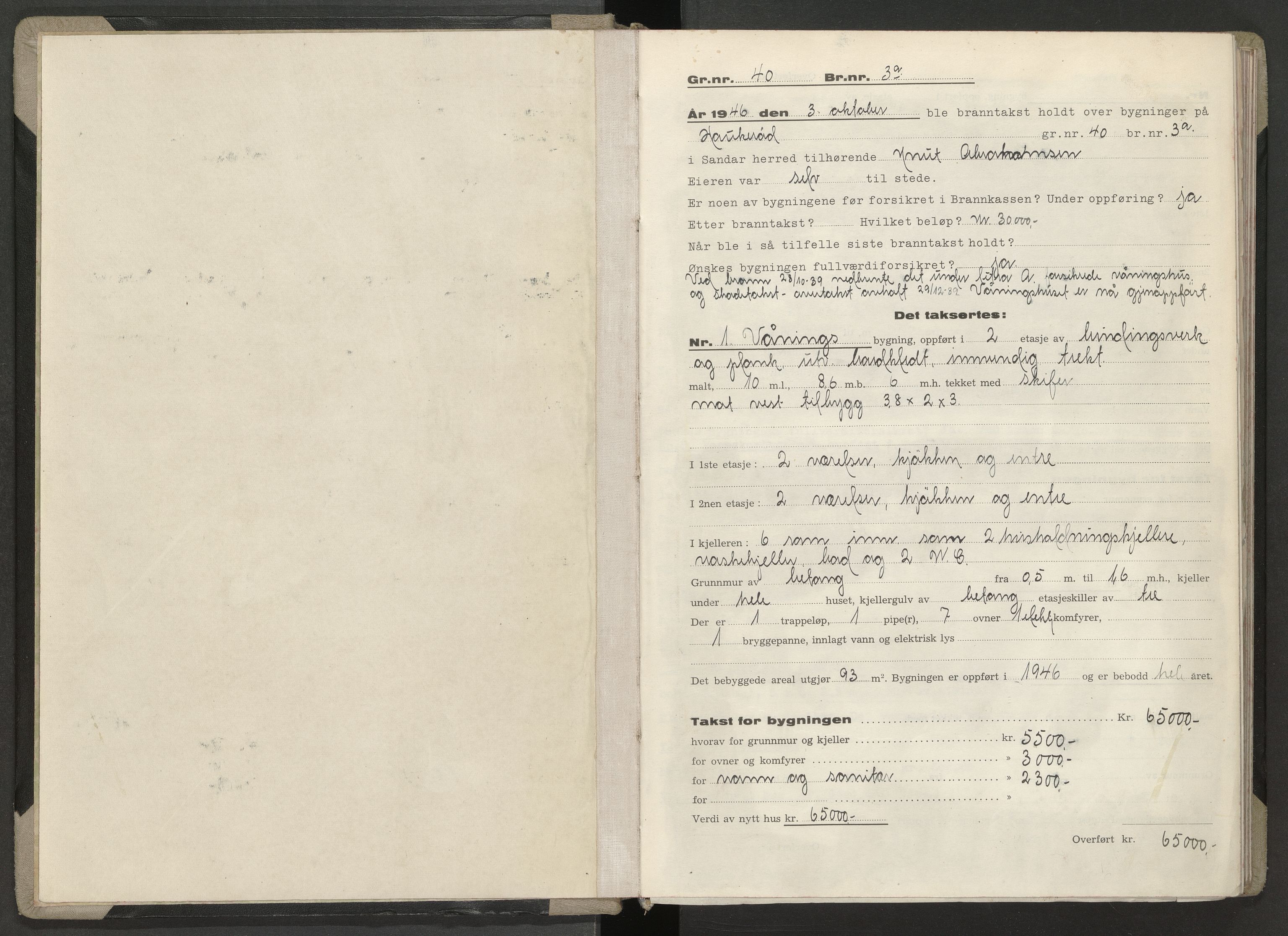 Sandar lensmannskontor, AV/SAKO-A-545/Y/Yc/Yca/L0038: Branntakstprotokoll, 1946-1947