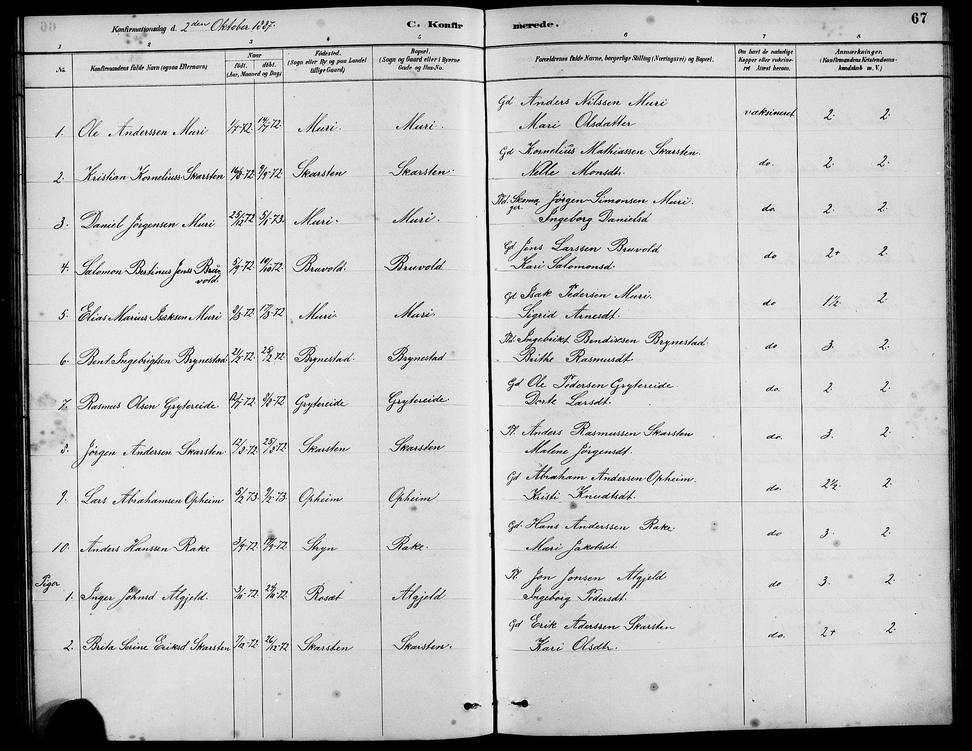 Innvik sokneprestembete, AV/SAB-A-80501: Parish register (copy) no. B 3, 1886-1897, p. 67