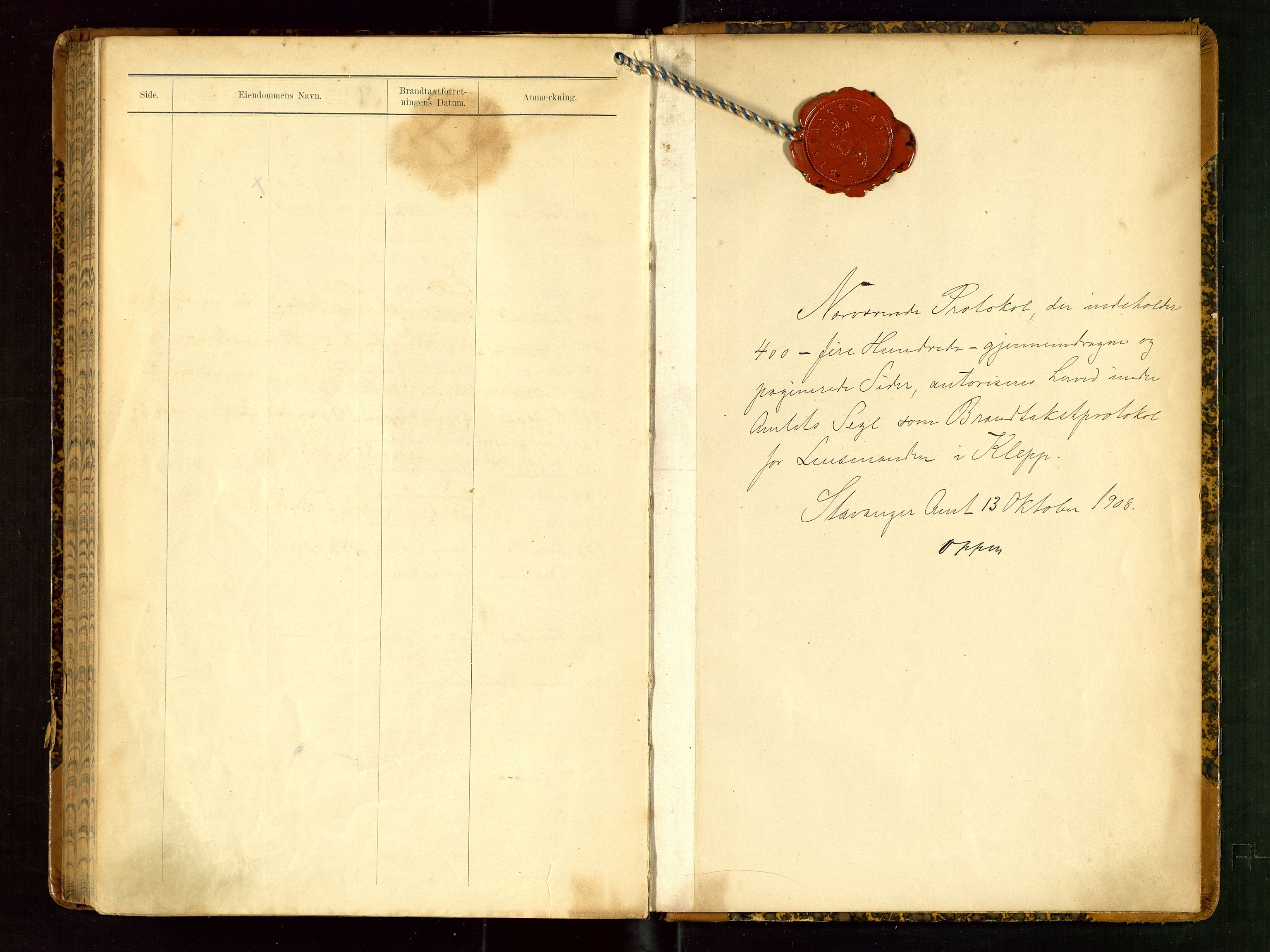 Klepp lensmannskontor, AV/SAST-A-100163/Goc/L0006: "Brandtaxationsprotokol" m/register, 1908-1912