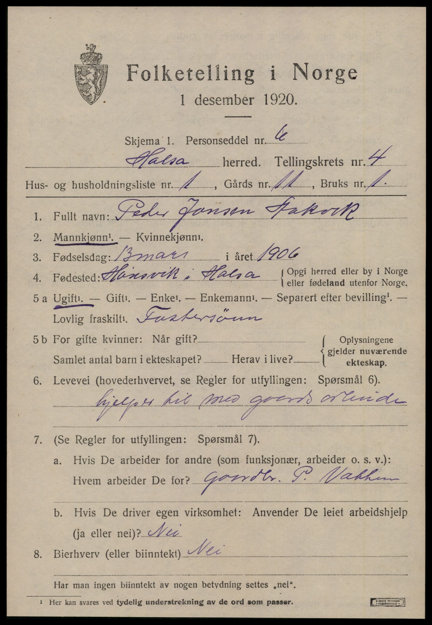 SAT, 1920 census for Halsa, 1920, p. 1633