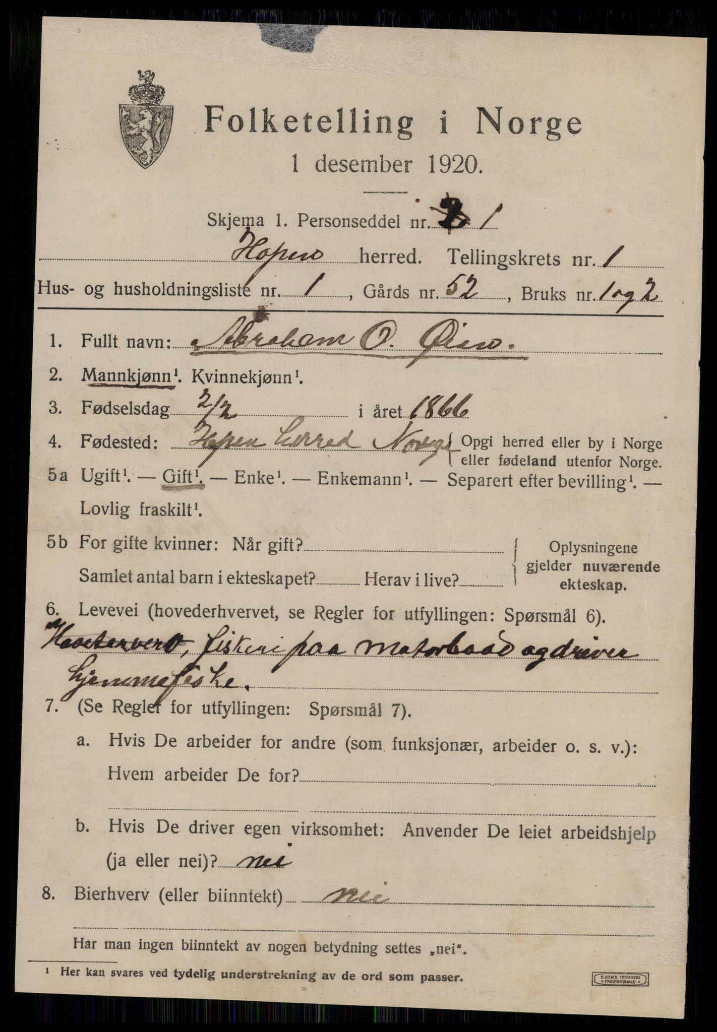 SAT, 1920 census for Hopen, 1920, p. 462