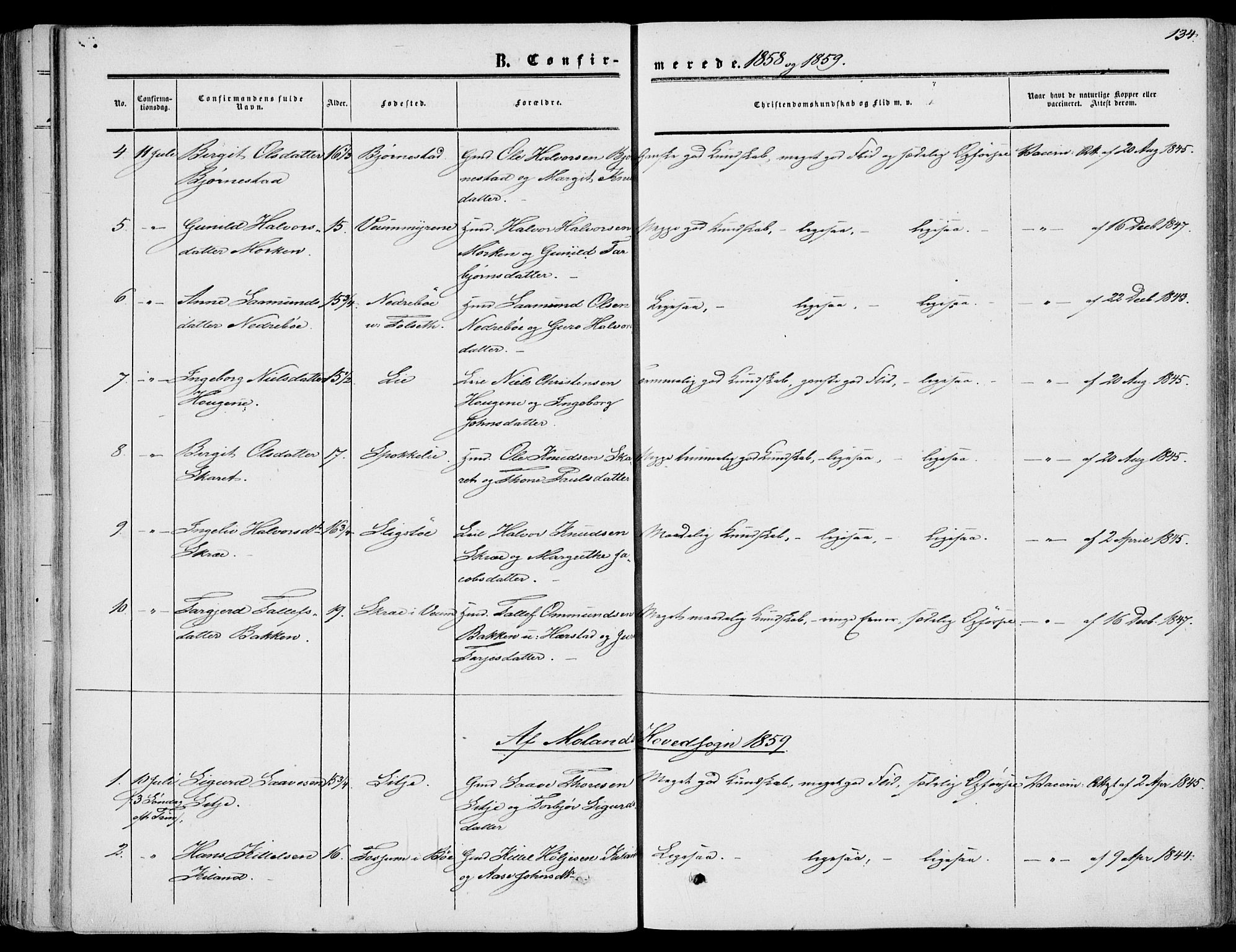 Fyresdal kirkebøker, SAKO/A-263/F/Fa/L0005: Parish register (official) no. I 5, 1855-1871, p. 134