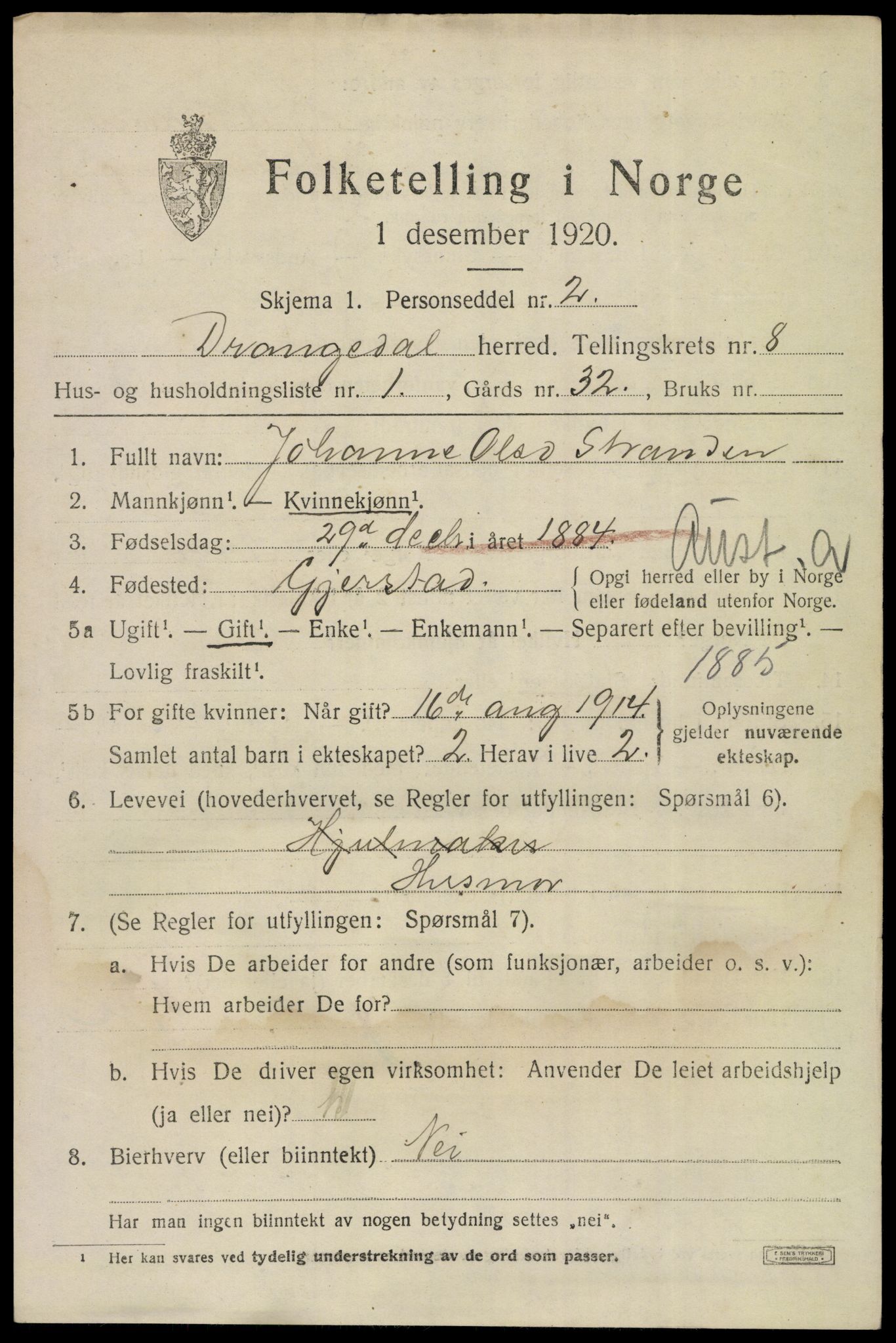 SAKO, 1920 census for Drangedal, 1920, p. 4931