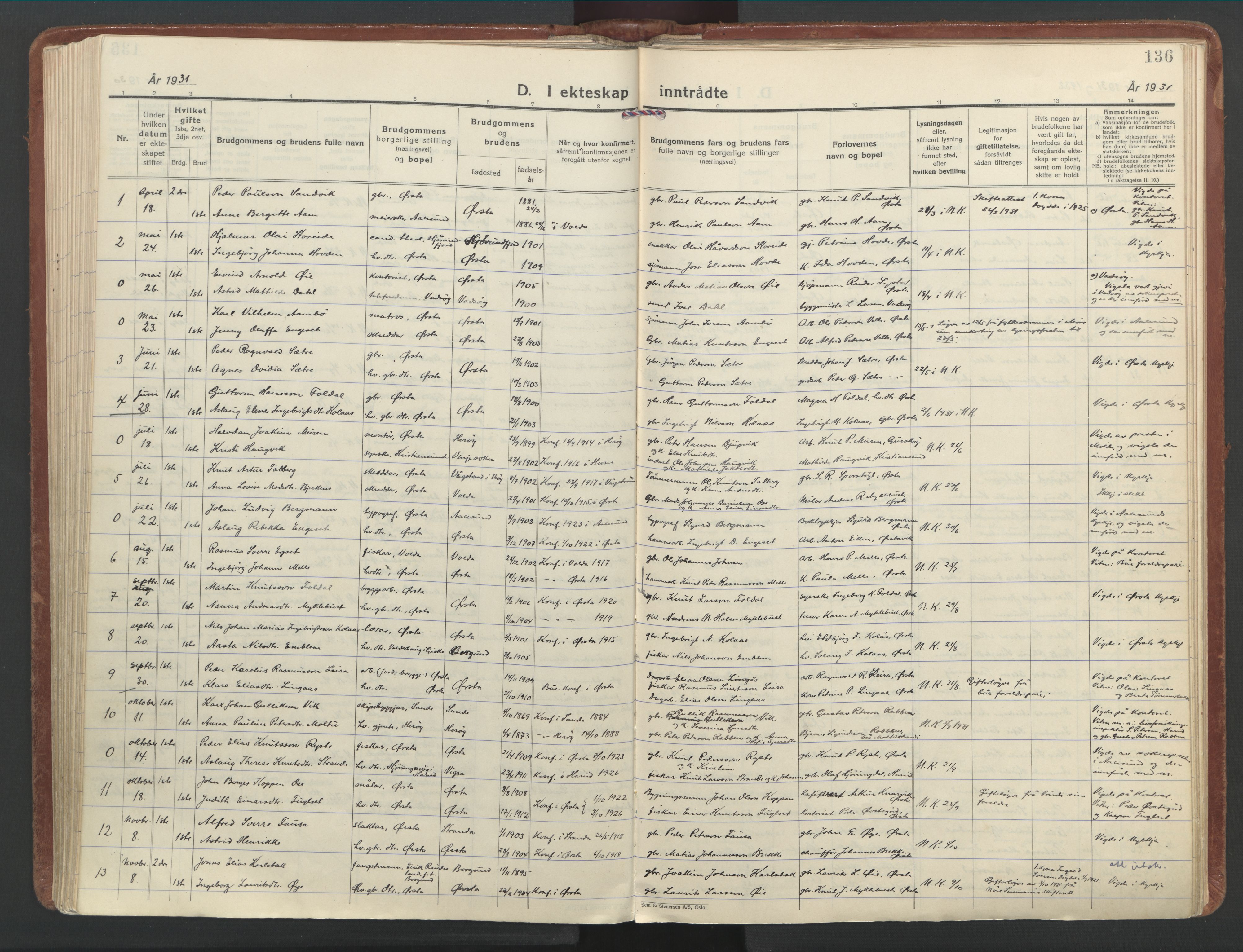 Ministerialprotokoller, klokkerbøker og fødselsregistre - Møre og Romsdal, AV/SAT-A-1454/513/L0181: Parish register (official) no. 513A08, 1930-1943, p. 136