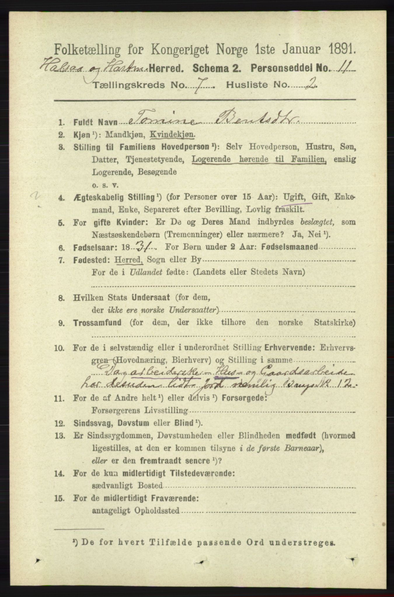 RA, 1891 census for 1019 Halse og Harkmark, 1891, p. 2761