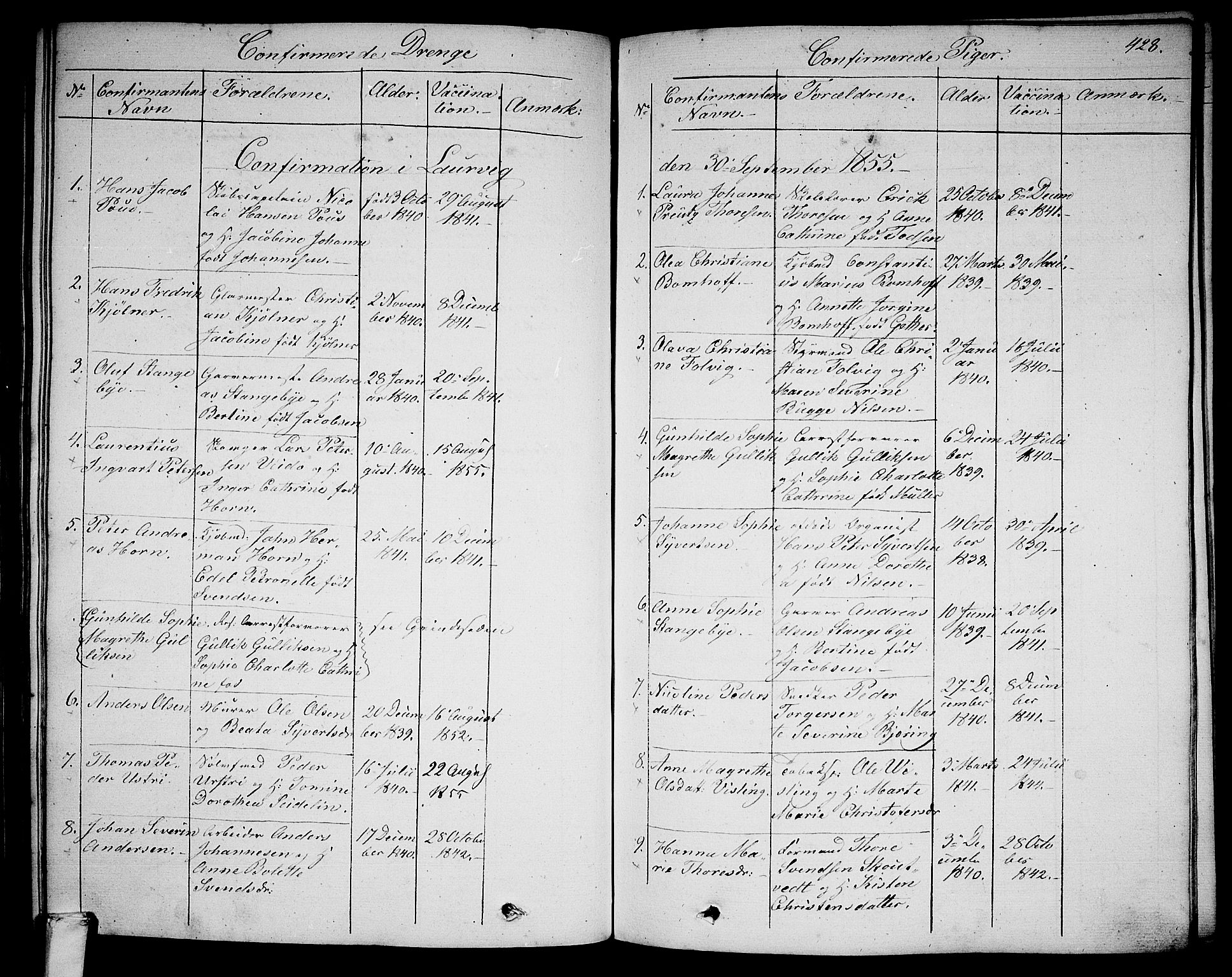 Larvik kirkebøker, AV/SAKO-A-352/G/Ga/L0003b: Parish register (copy) no. I 3B, 1830-1870, p. 428