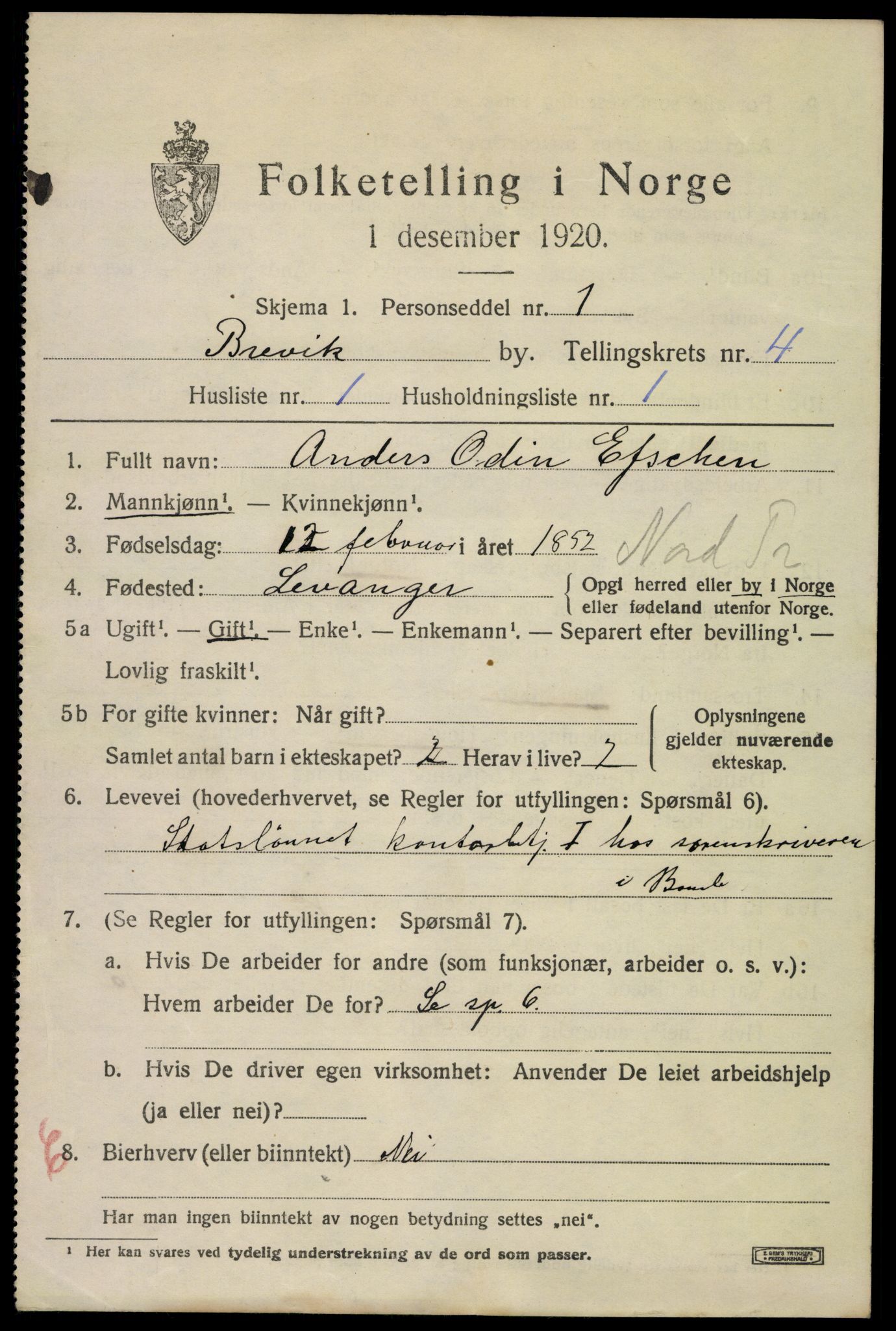 SAKO, 1920 census for Brevik, 1920, p. 6028