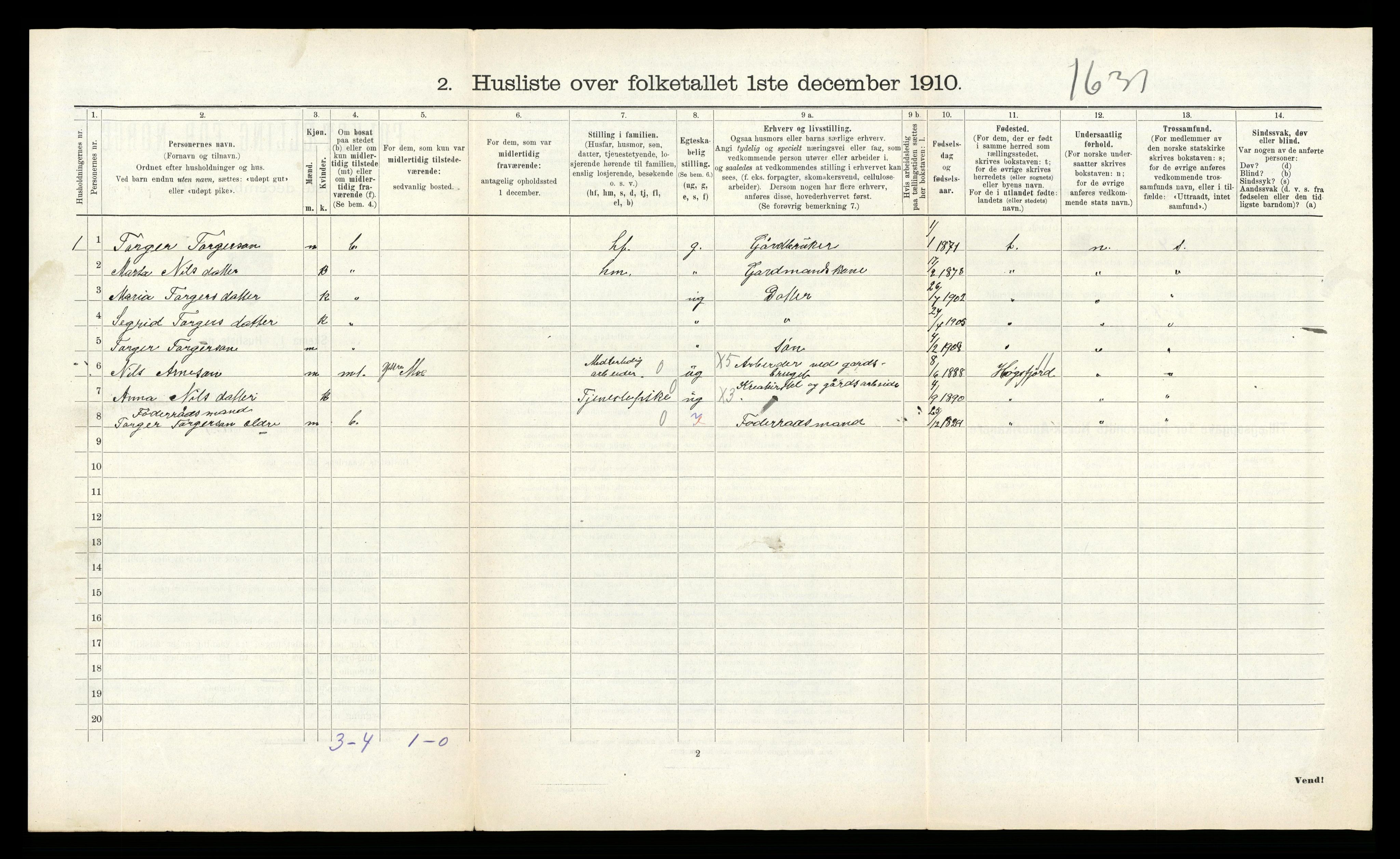 RA, 1910 census for Kvam, 1910, p. 638