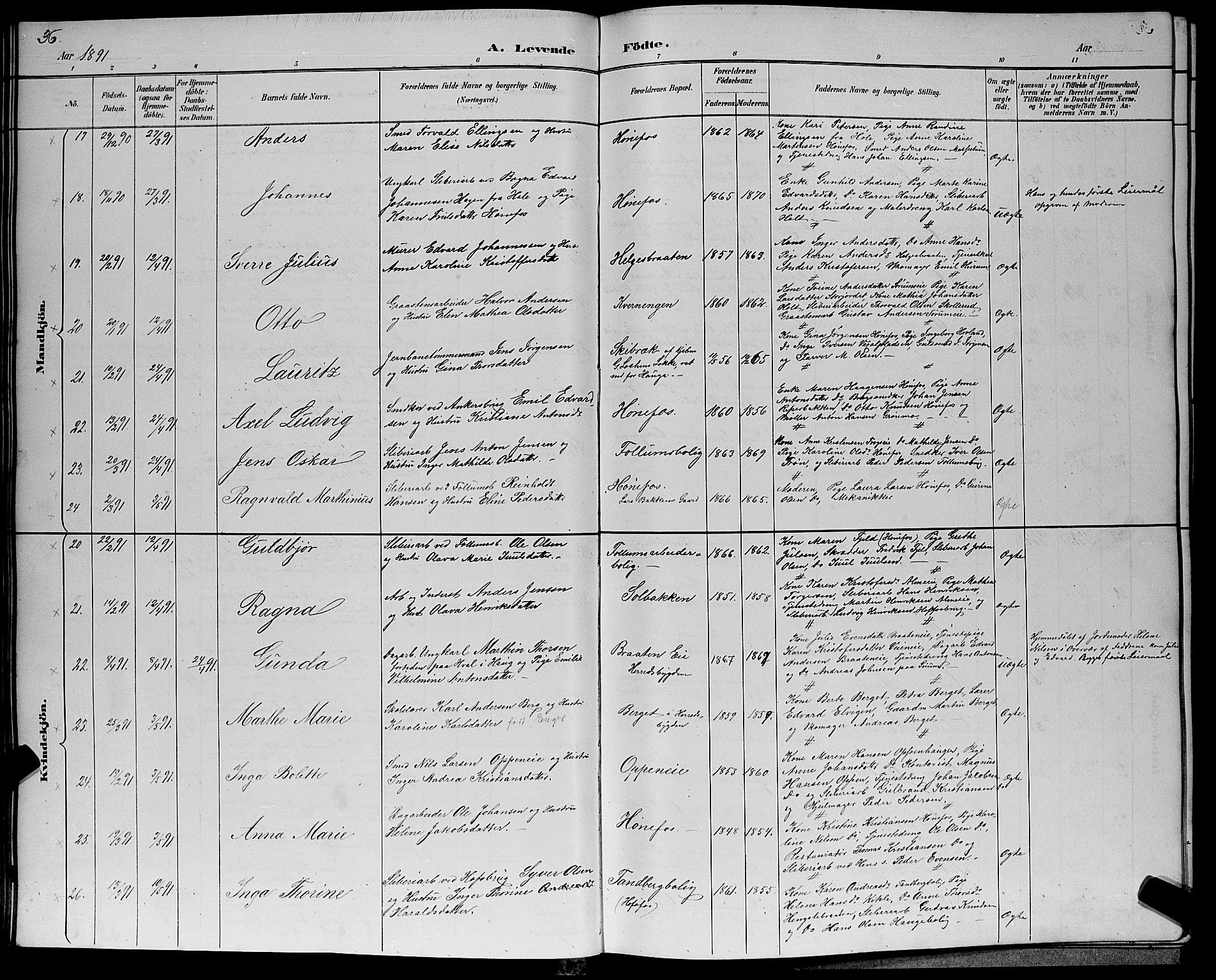 Hønefoss kirkebøker, AV/SAKO-A-609/G/Ga/L0002: Parish register (copy) no. 2, 1888-1904, p. 36