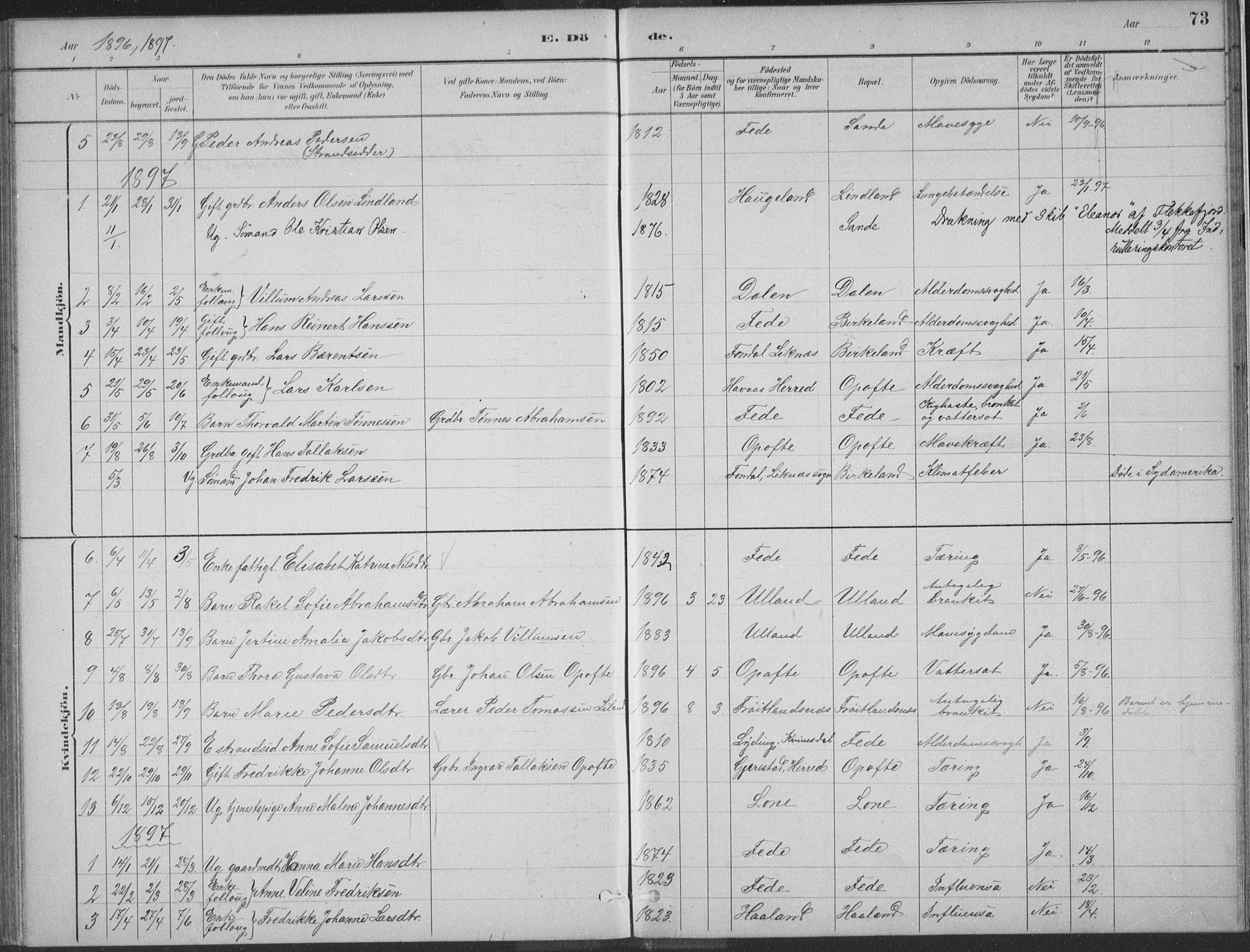 Kvinesdal sokneprestkontor, SAK/1111-0026/F/Fa/Faa/L0004: Parish register (official) no. A 4, 1882-1897, p. 73