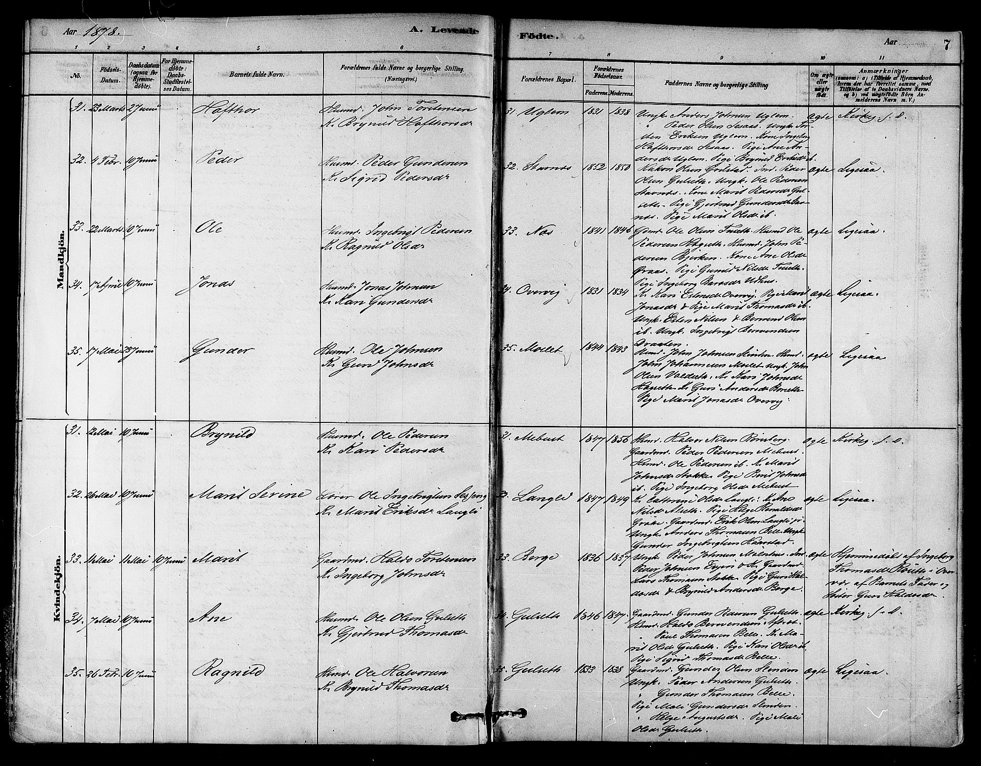 Ministerialprotokoller, klokkerbøker og fødselsregistre - Sør-Trøndelag, AV/SAT-A-1456/695/L1148: Parish register (official) no. 695A08, 1878-1891, p. 7