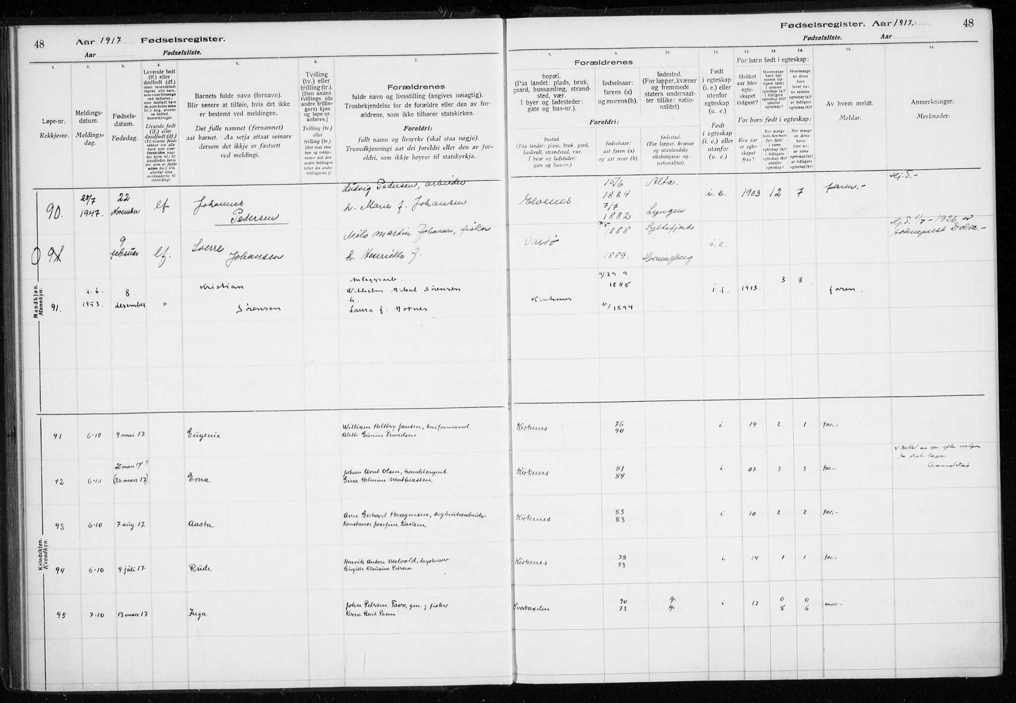 Sør-Varanger sokneprestkontor, AV/SATØ-S-1331/I/Ia/L0016: Birth register no. 16, 1915-1925, p. 48