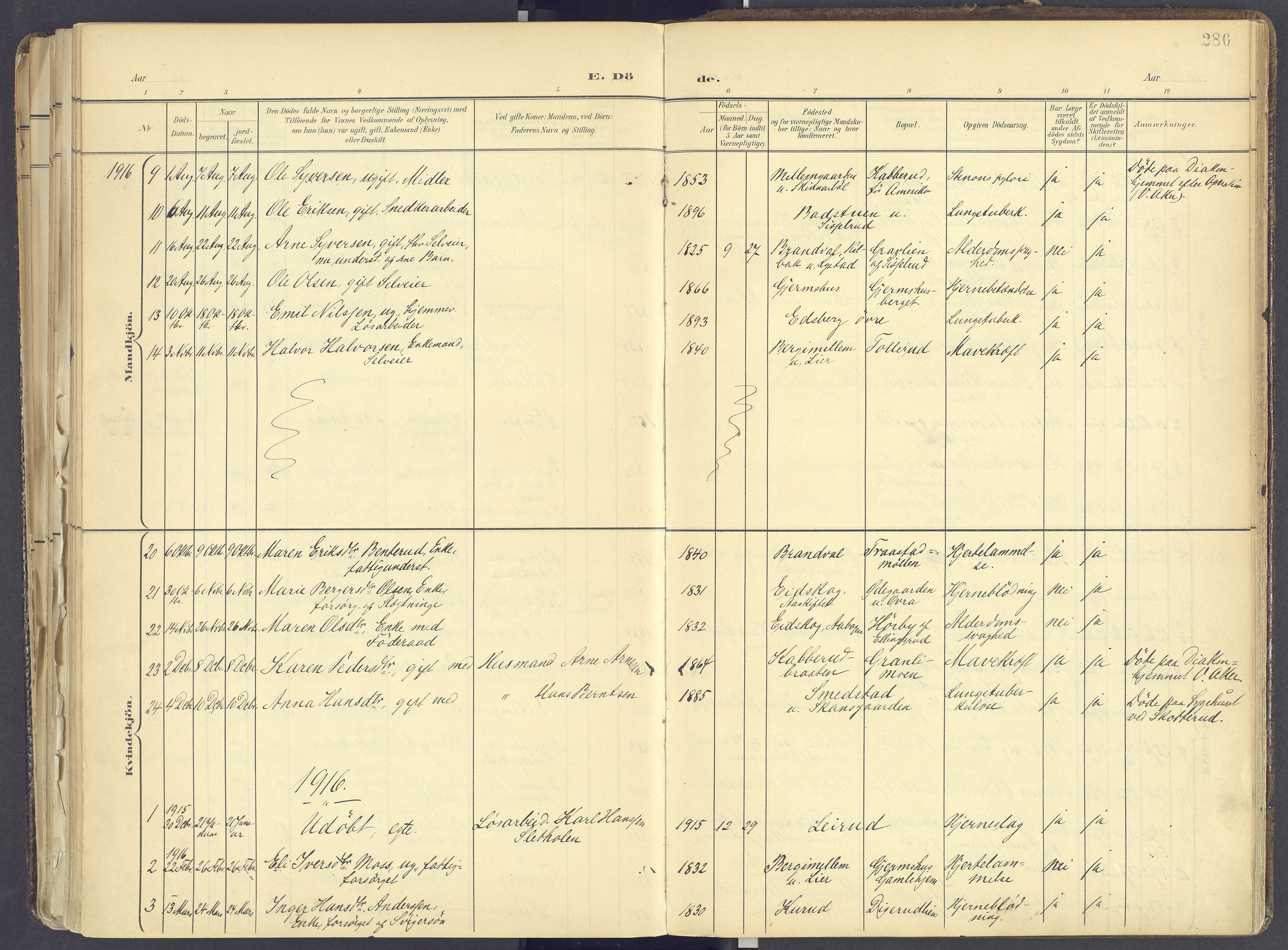 Vinger prestekontor, AV/SAH-PREST-024/H/Ha/Haa/L0017: Parish register (official) no. 17, 1901-1927, p. 286