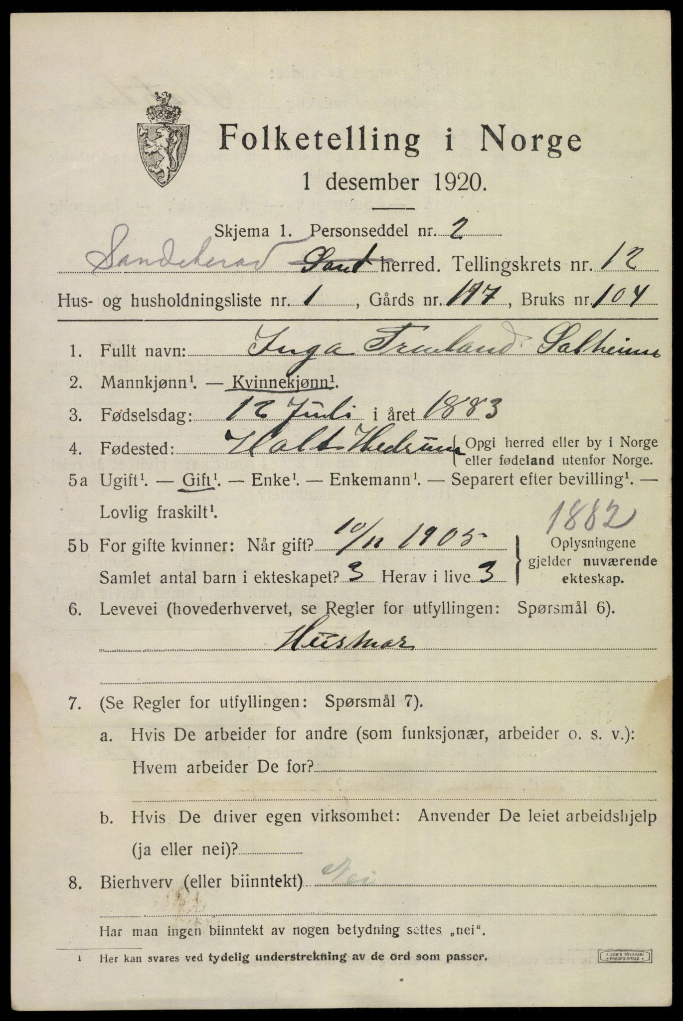 SAKO, 1920 census for Sandeherred, 1920, p. 18090