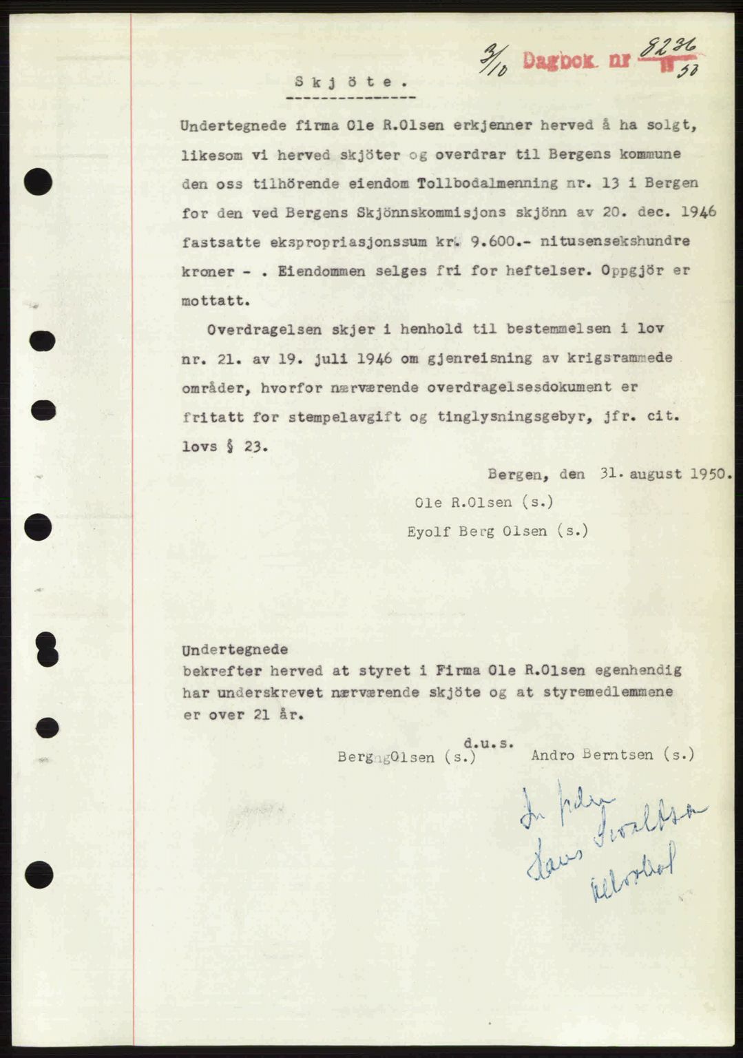Byfogd og Byskriver i Bergen, SAB/A-3401/03/03Bc/L0034: Mortgage book no. A27-28, 1950-1950, Diary no: : 8236/1950