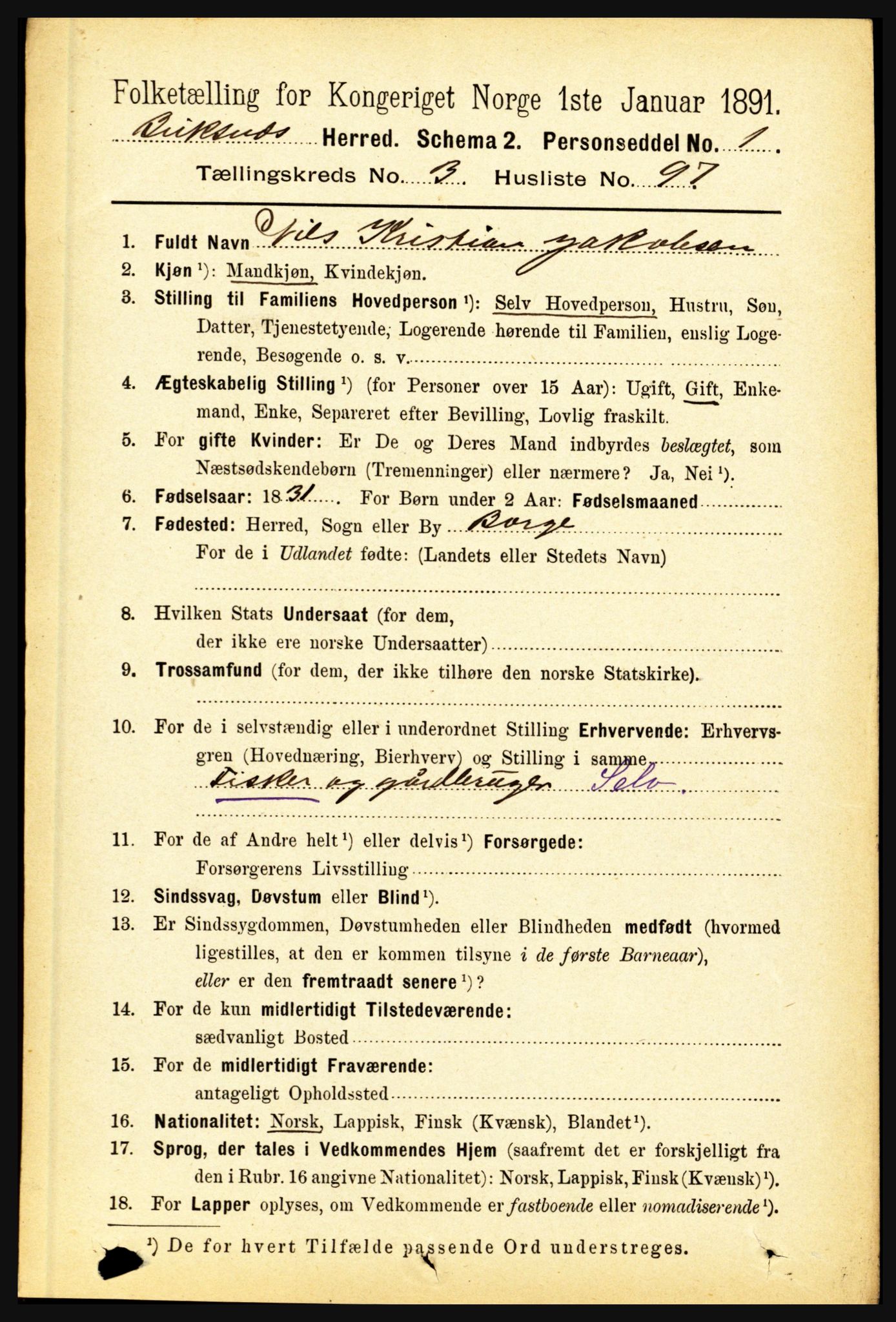 RA, 1891 census for 1860 Buksnes, 1891, p. 2894