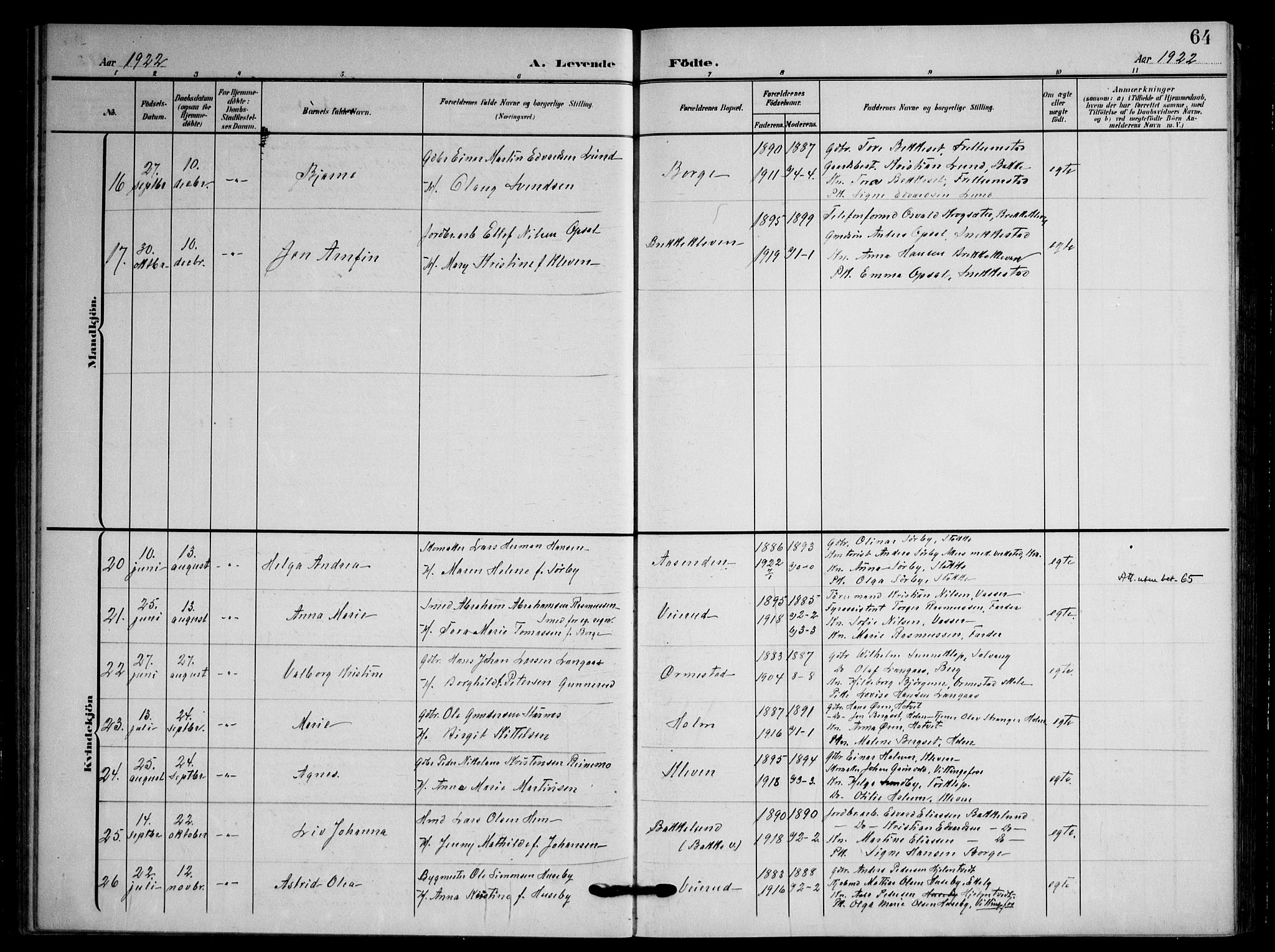 Våle kirkebøker, SAKO/A-334/F/Fa/L0012: Parish register (official) no. I 12, 1907-1934, p. 64
