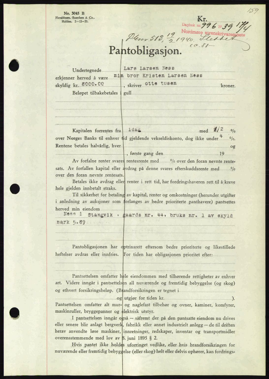 Nordmøre sorenskriveri, AV/SAT-A-4132/1/2/2Ca: Mortgage book no. B85, 1939-1939, Diary no: : 996/1939