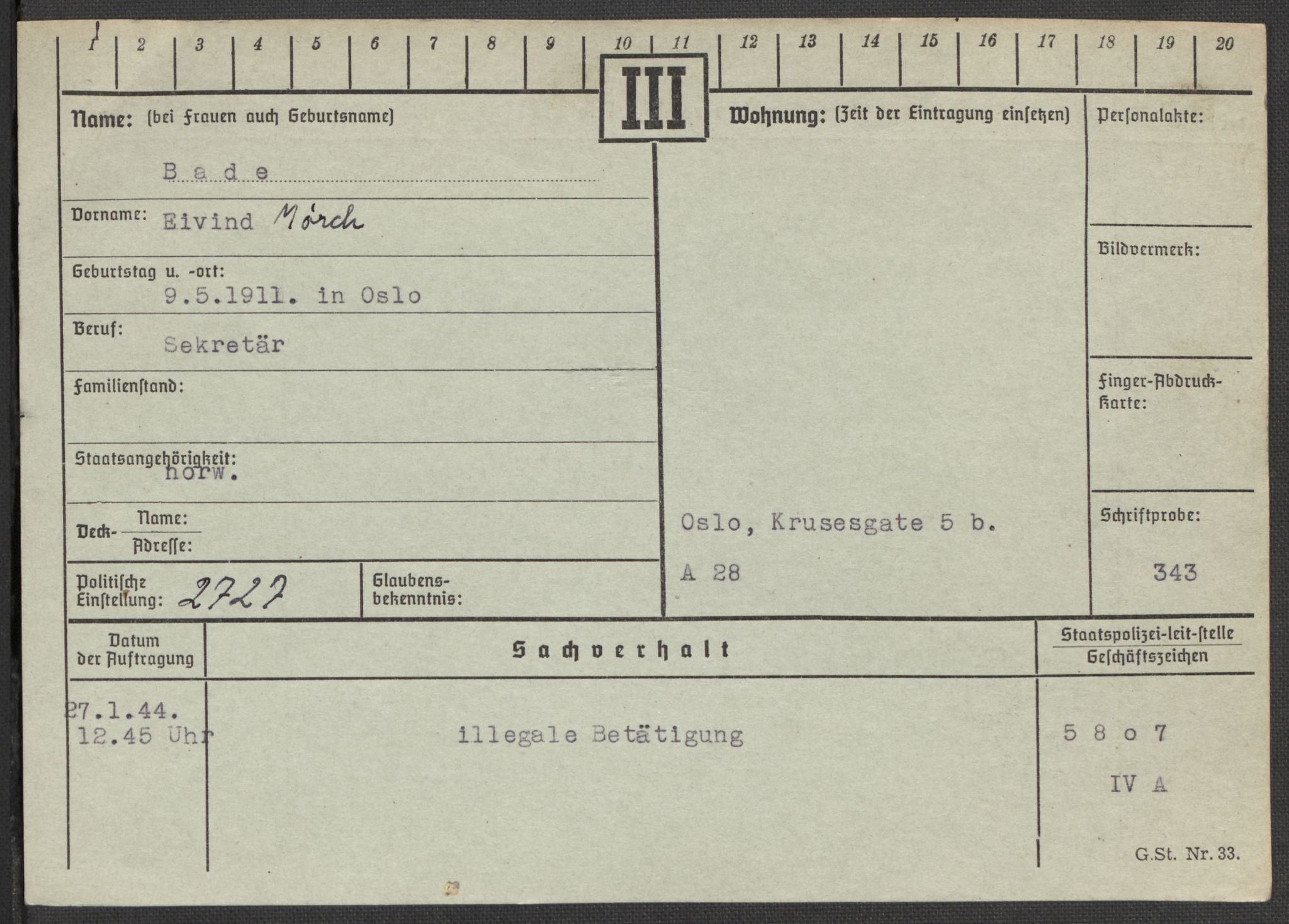 Befehlshaber der Sicherheitspolizei und des SD, AV/RA-RAFA-5969/E/Ea/Eaa/L0001: Register over norske fanger i Møllergata 19: A-Bj, 1940-1945, p. 725