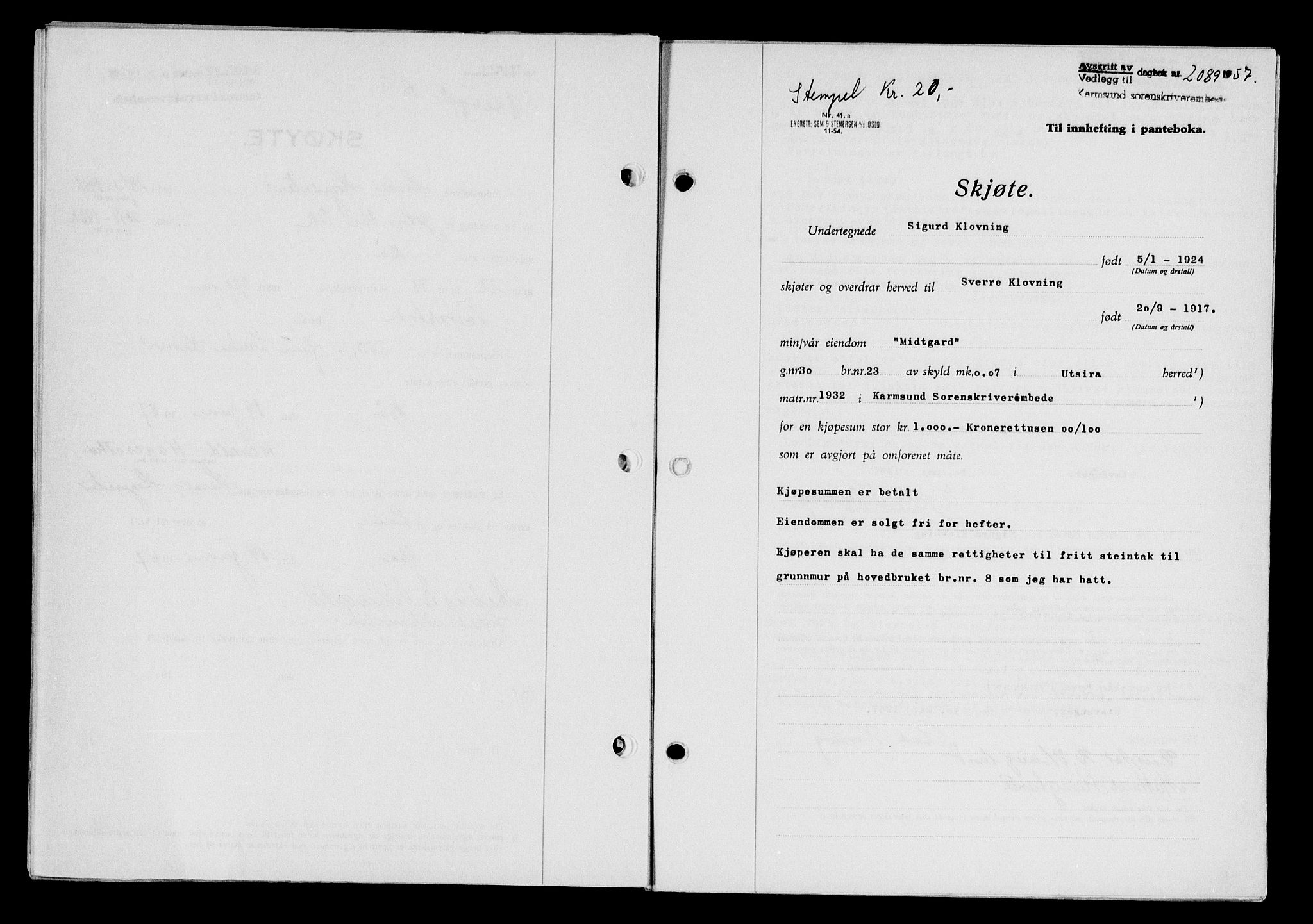 Karmsund sorenskriveri, SAST/A-100311/01/II/IIB/L0125: Mortgage book no. 105A, 1957-1957, Diary no: : 2089/1957
